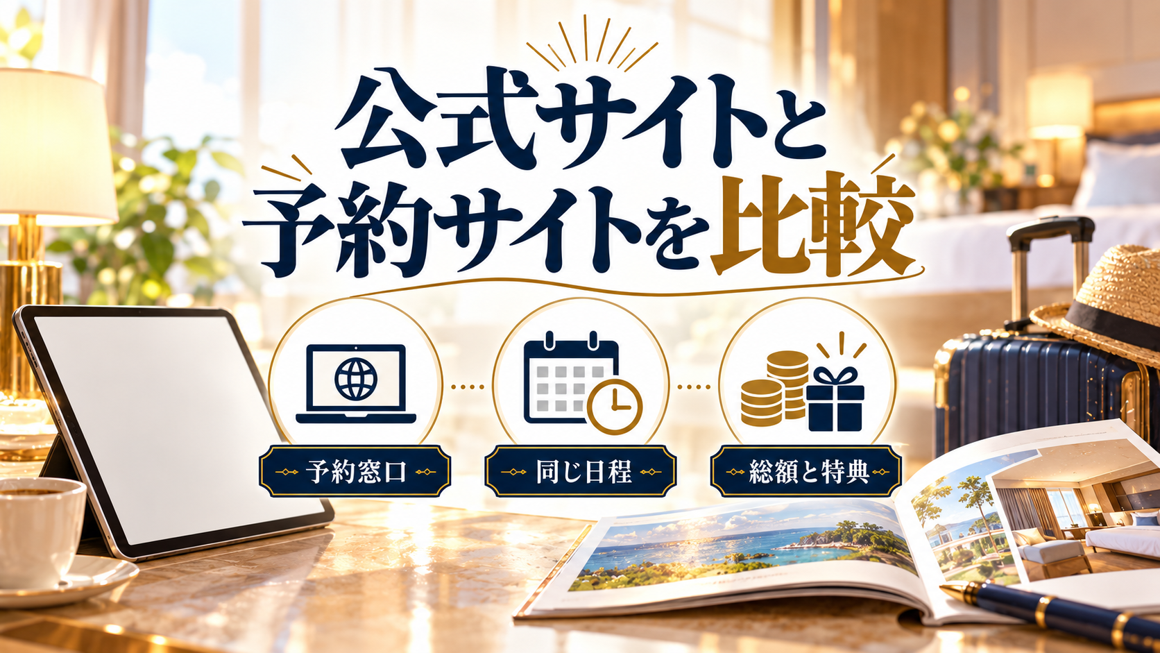 公式サイトと予約サイトを比較について、予約窓口・同じ日程・総額と特典を旅行用品やイラストで整理した図