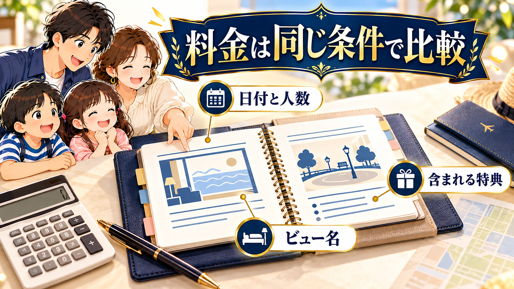 日付と人数、ビュー名、含まれる特典を同じ条件で比較するノート