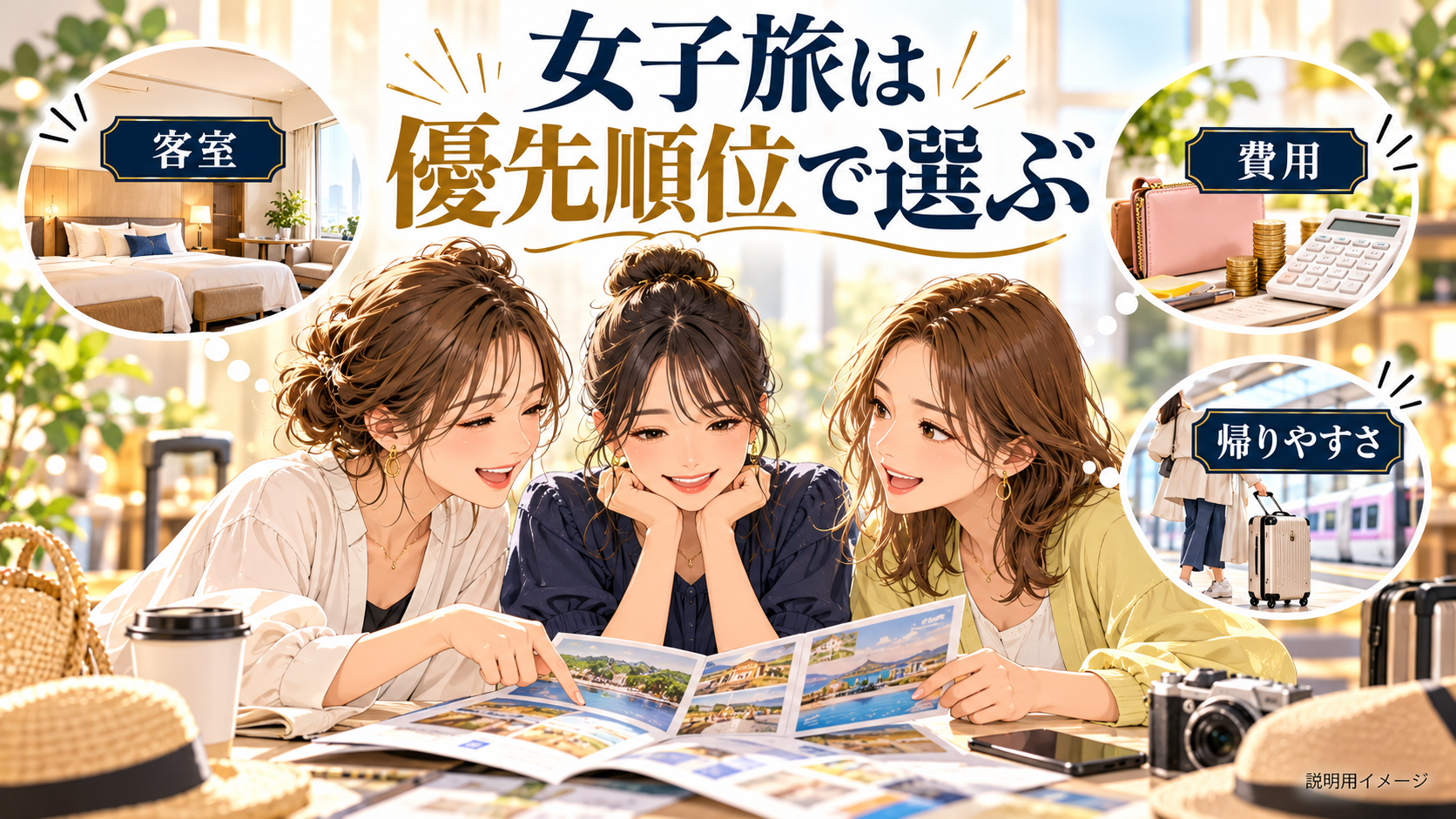 女子旅は優先順位で選ぶについて、客室・費用・帰りやすさを旅行用品やイラストで整理した図