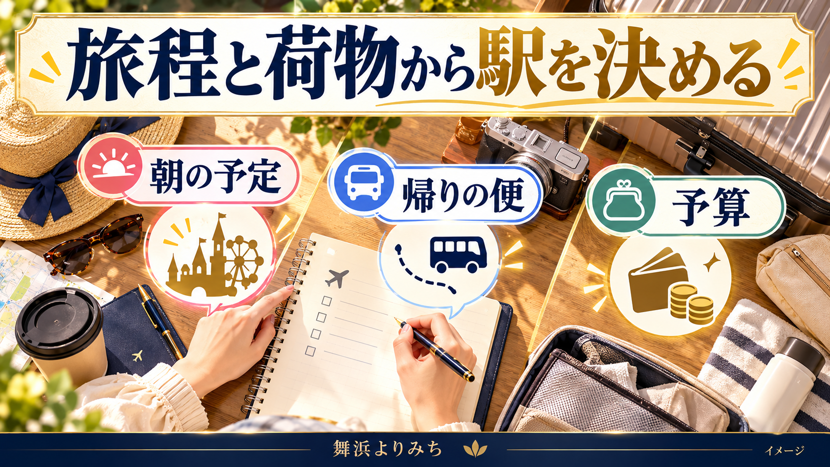 旅程と荷物から駅を決めるについて、朝の予定・帰りの便・予算を示す図解