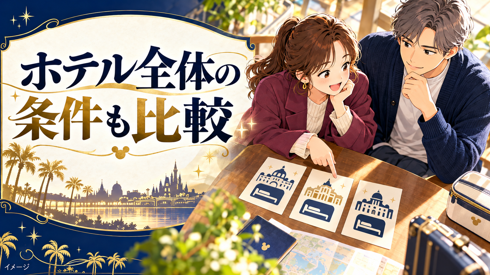 旅行者の男女がベッドの記号と旅行用ポーチをそばに置いて利用条件を相談するイメージ