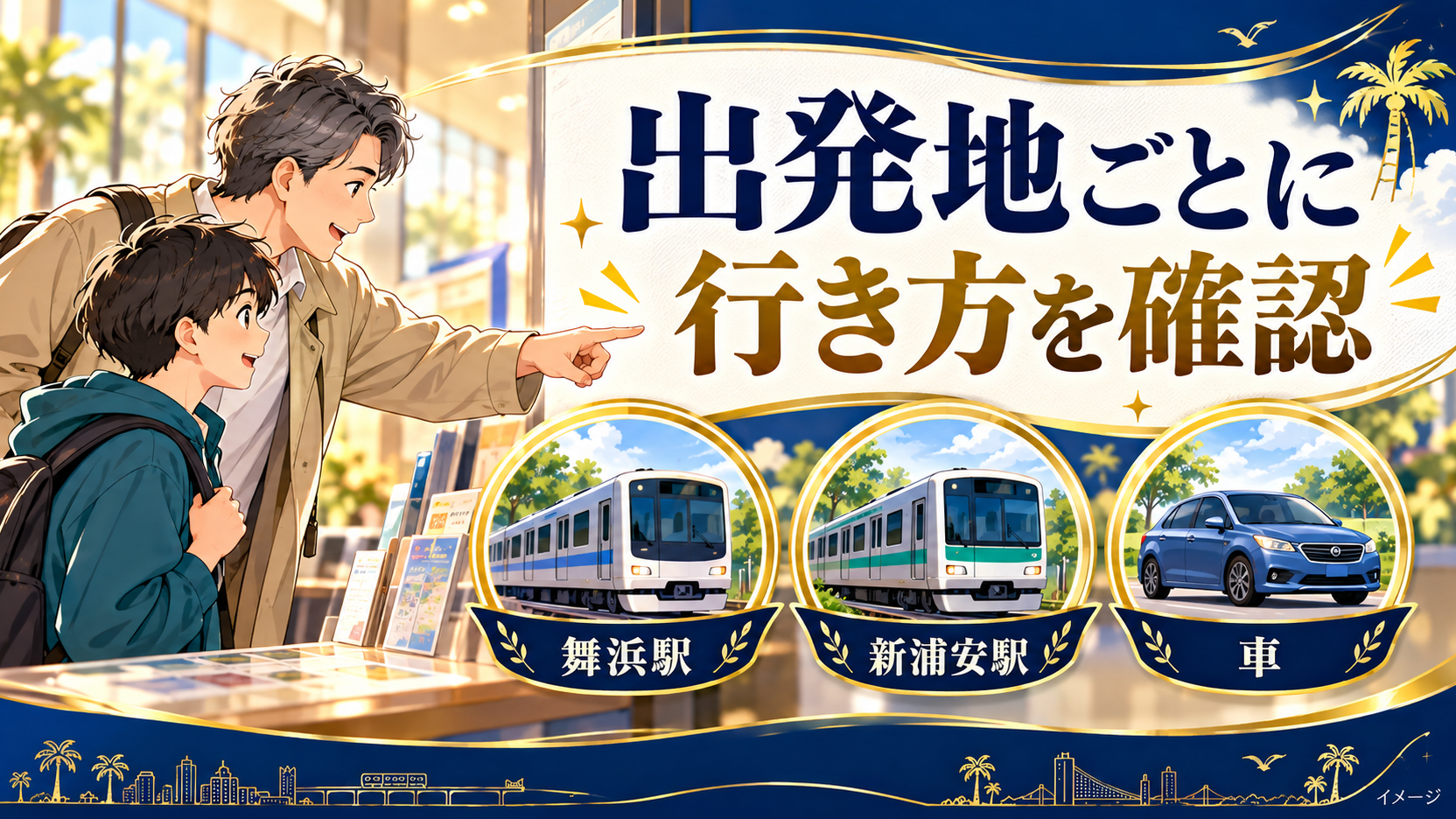 舞浜駅、新浦安駅、車からの行き方を確認する親子