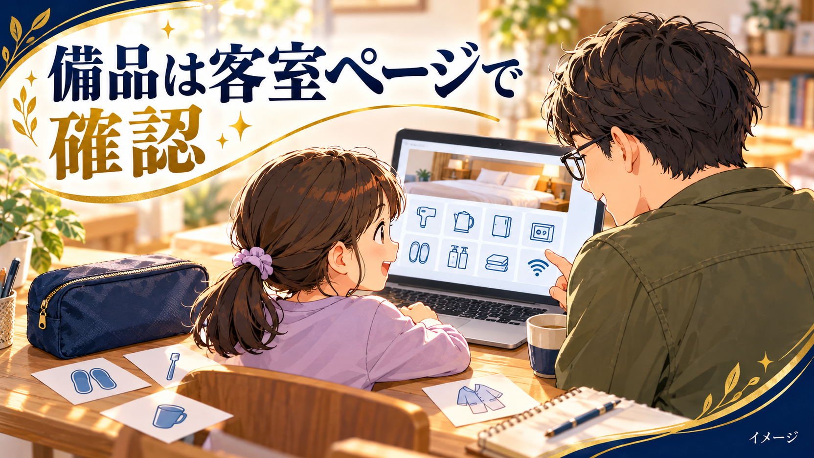 父親と子どもがベッドの記号と旅行用ポーチを使いながら予定を相談するイメージ