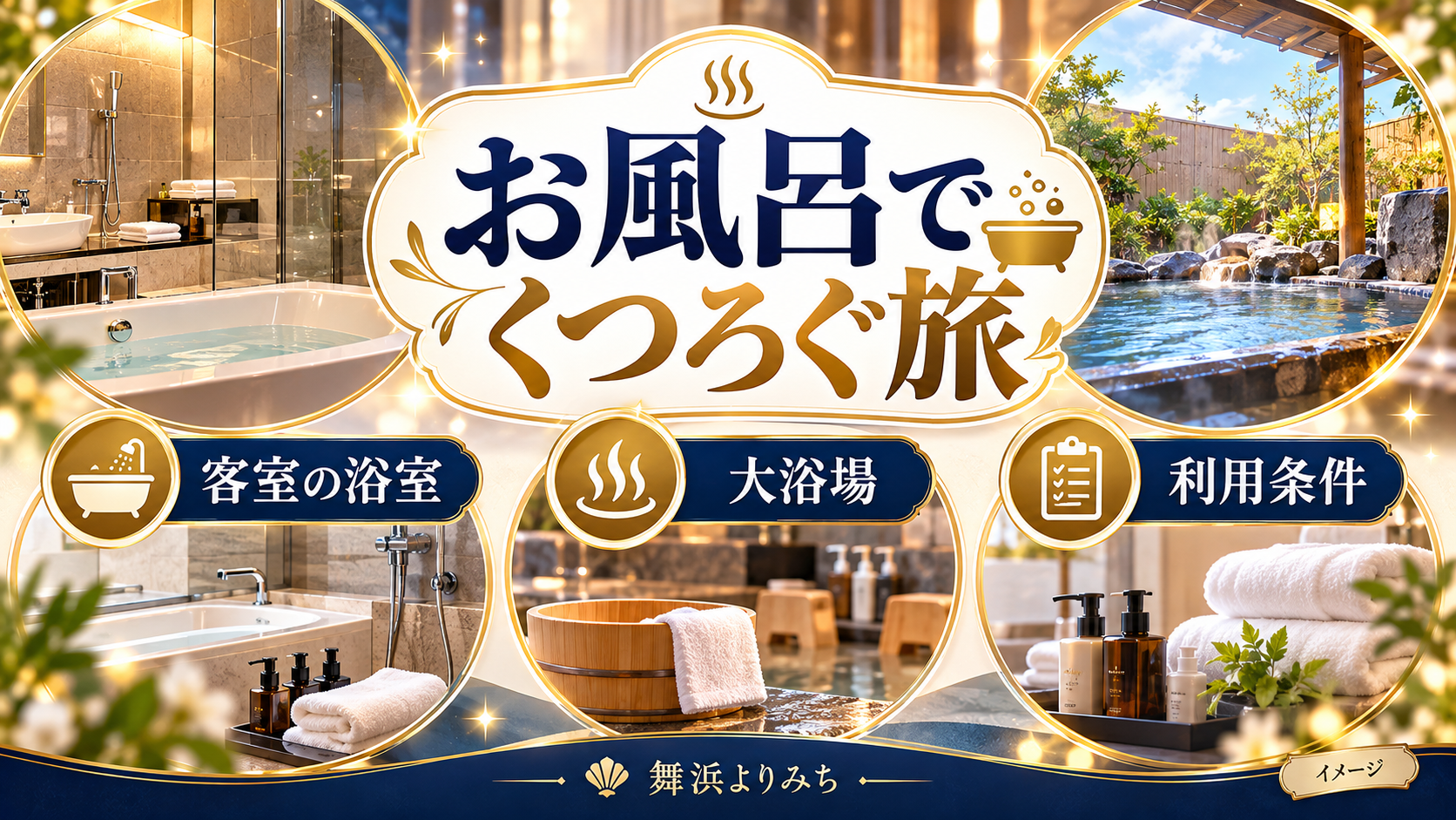 お風呂でくつろぐ旅について、客室の浴室・大浴場・利用条件を示す図解