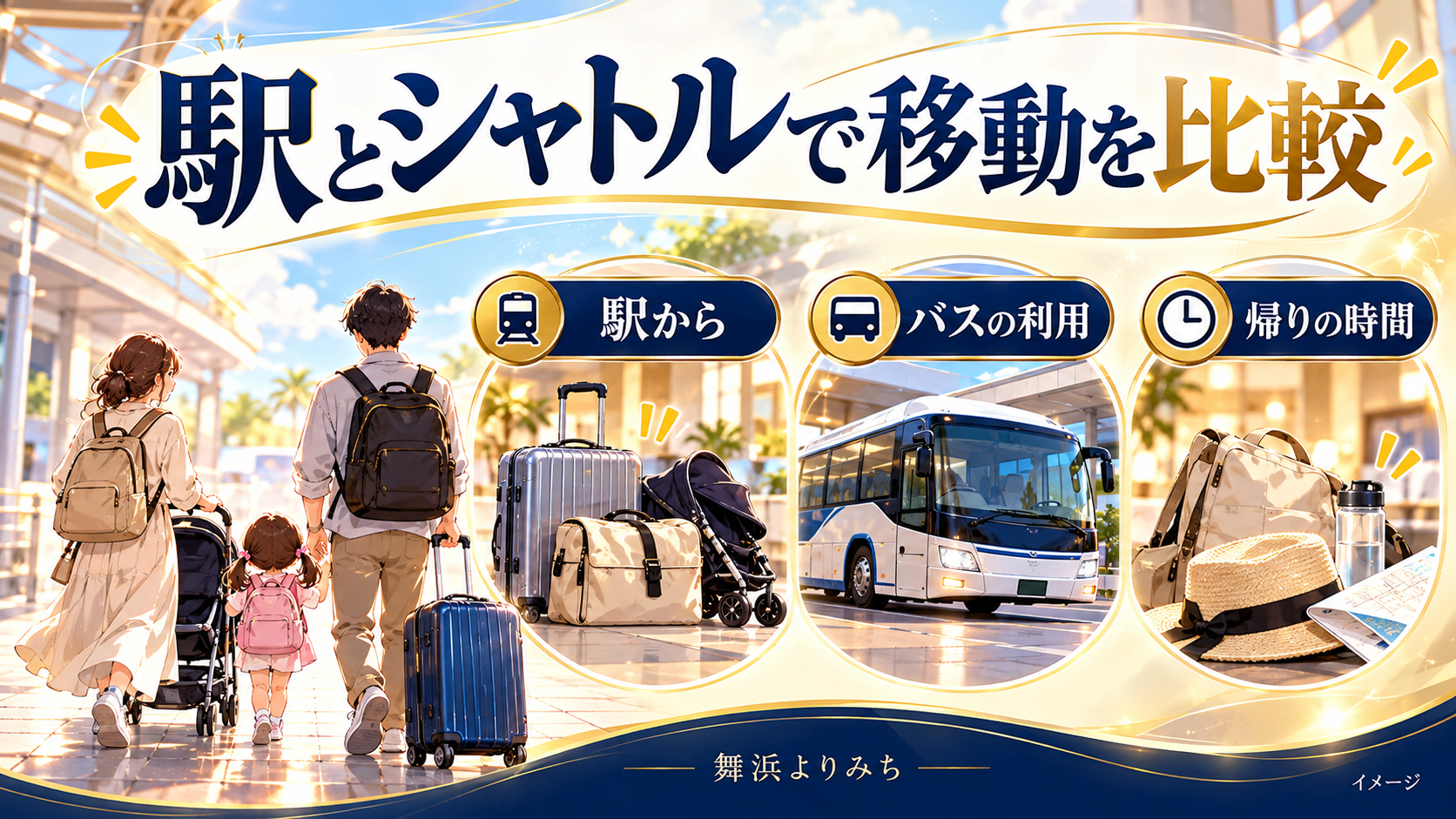 駅とシャトルで移動を比較について、駅から・バスの利用・帰りの時間を示す図解