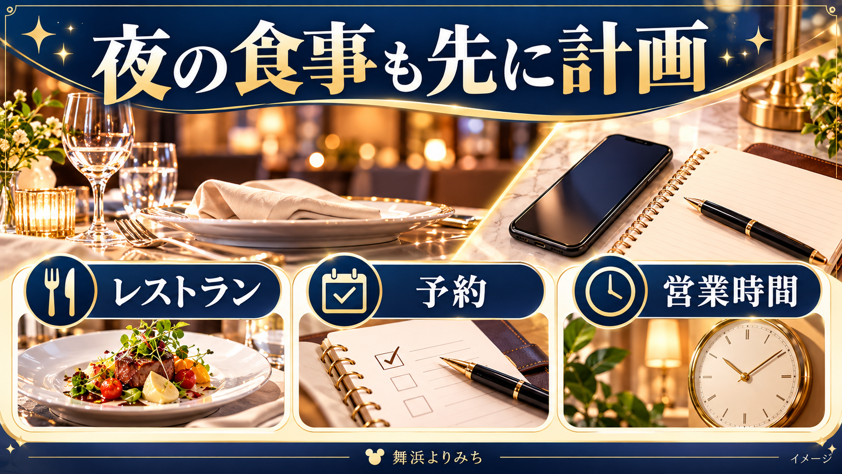 夜の食事も先に計画について、レストラン・予約・営業時間を示す図解