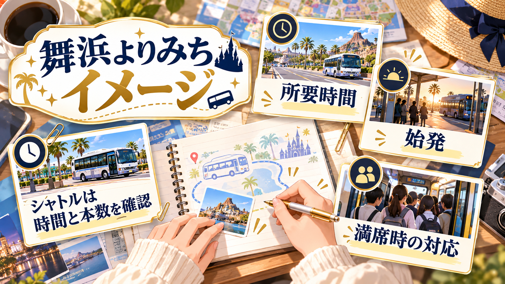 シャトルは時間と本数を確認について、所要時間・始発・満席時の対応を整理した図解
