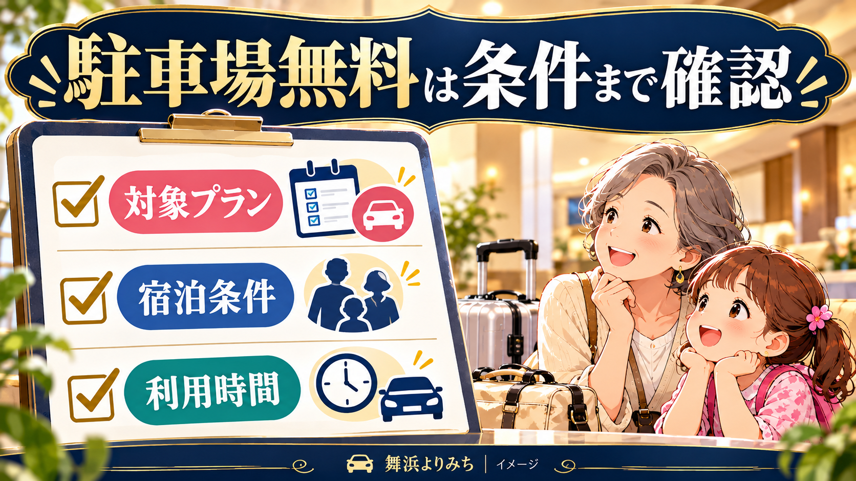 駐車場無料は条件まで確認について、対象プラン・宿泊条件・利用時間を示す図解