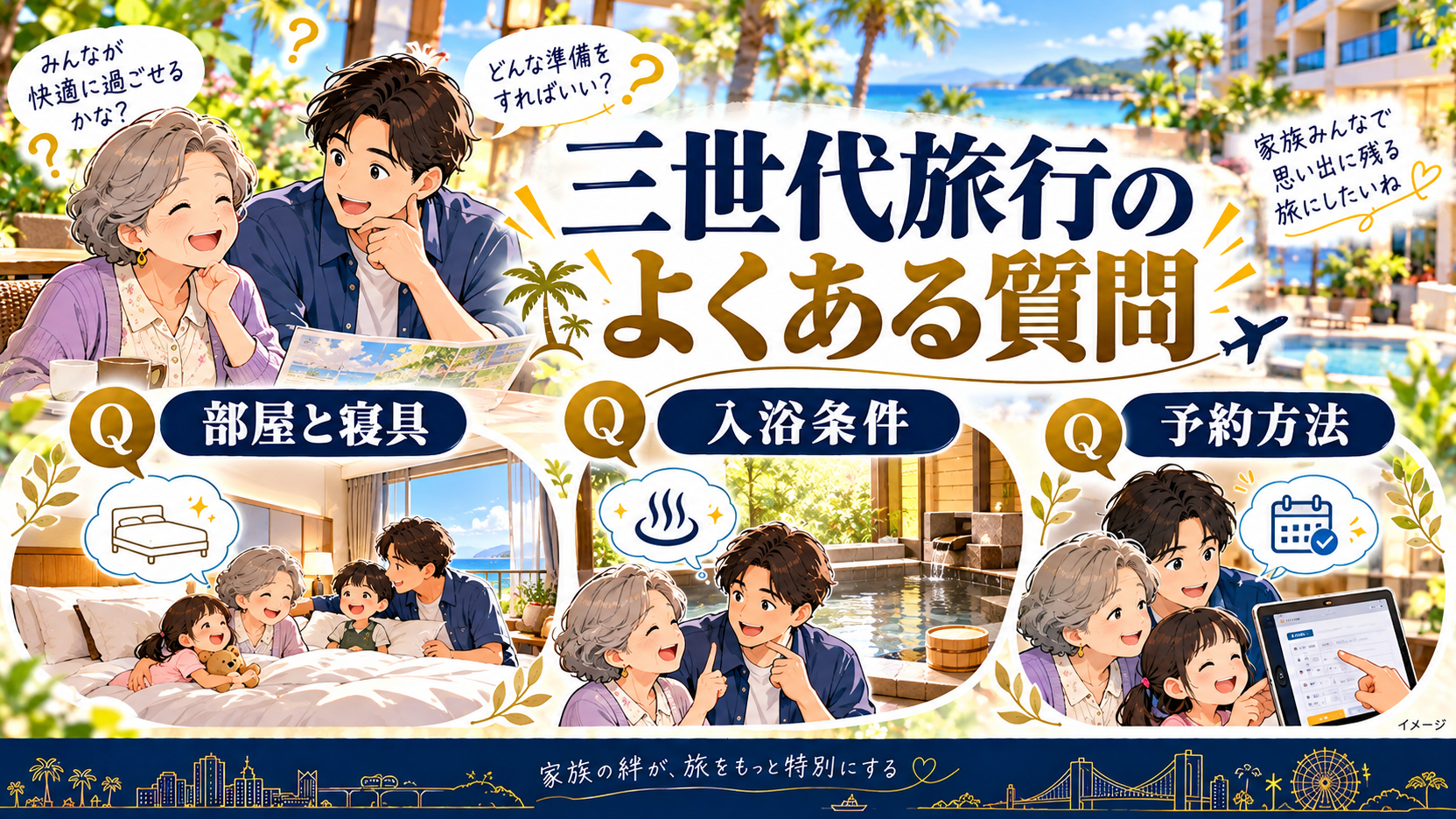 祖母と父親が相談し、部屋と寝具、入浴条件、予約方法の疑問を整理するイメージ。