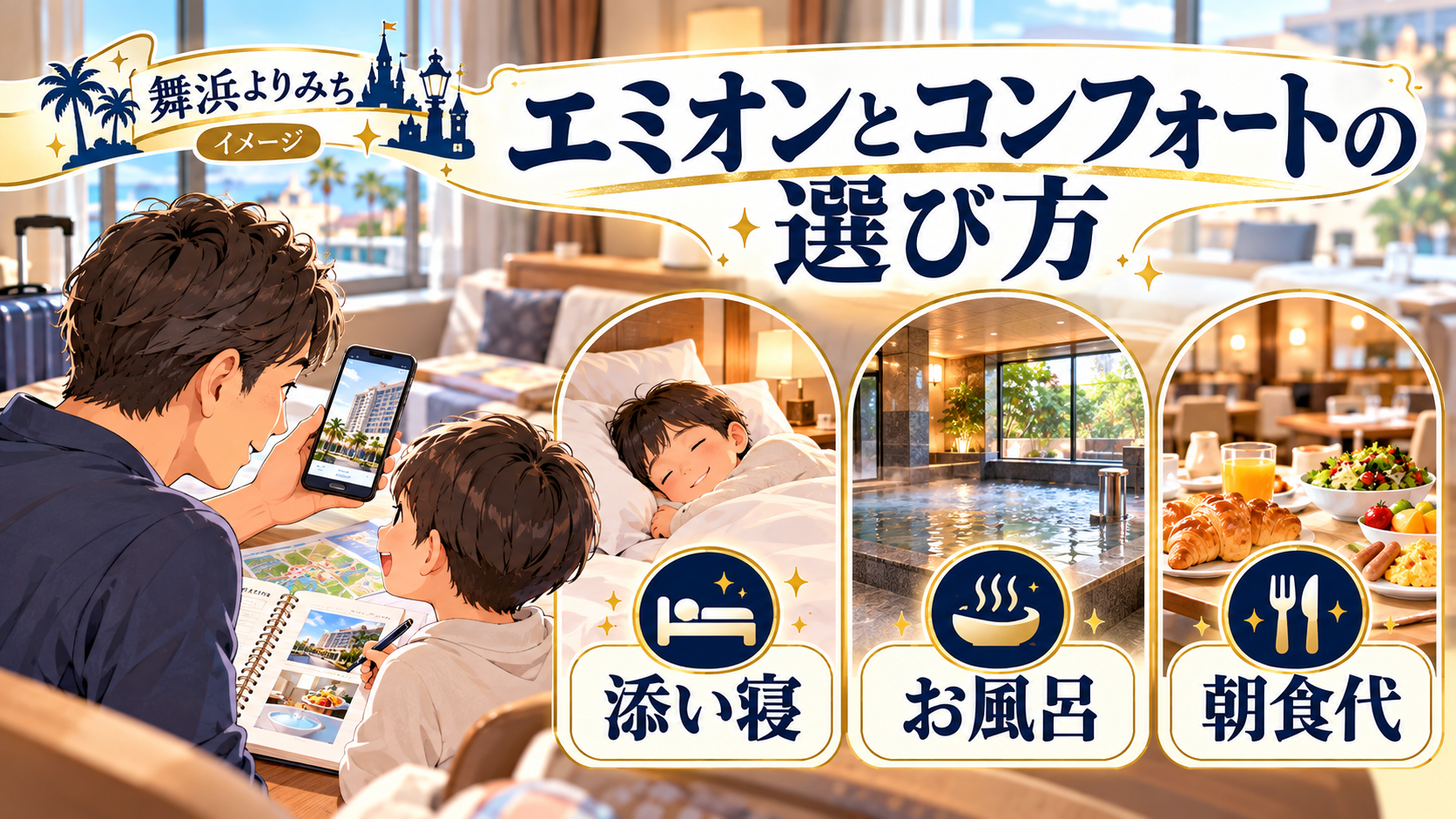 エミオンとコンフォートの選び方について、添い寝・お風呂・朝食代を整理した図解