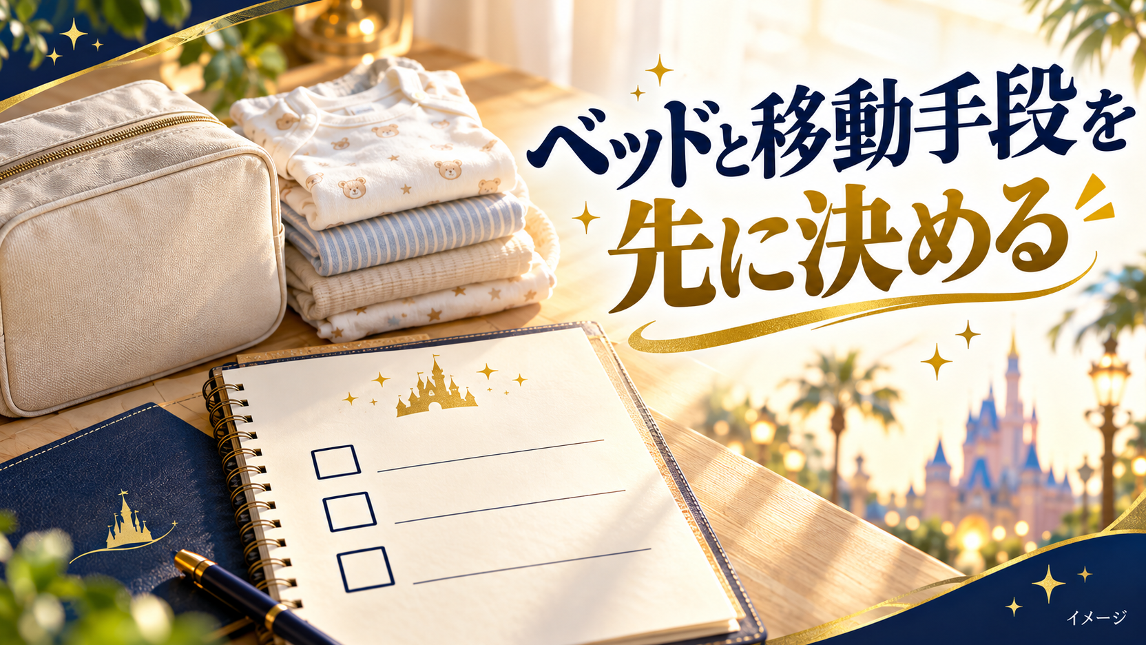 チェック欄のあるノートと赤ちゃんの衣類とおむつ用ポーチで事前の確認項目を整理するイメージ