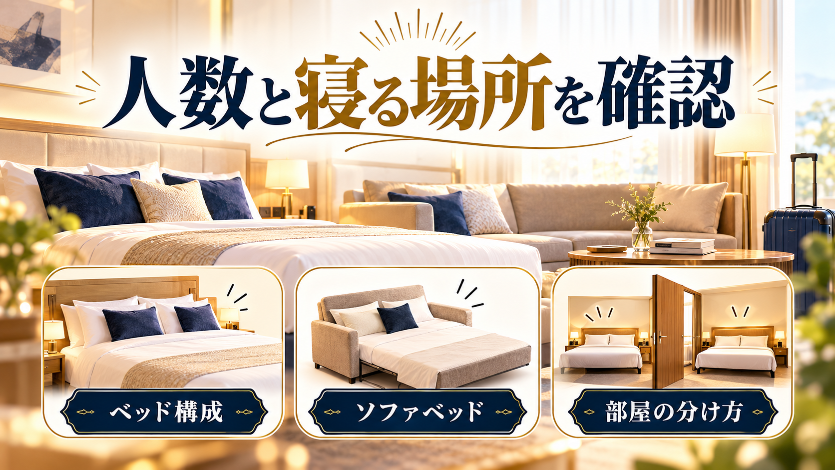 人数と寝る場所を確認について、ベッド構成・ソファベッド・部屋の分け方を旅行用品やイラストで整理した図