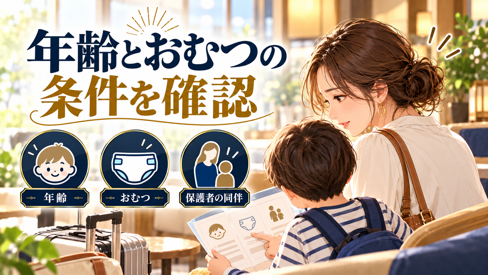 年齢とおむつの条件を確認について、年齢・おむつ・保護者の同伴を旅行用品やイラストで整理した図