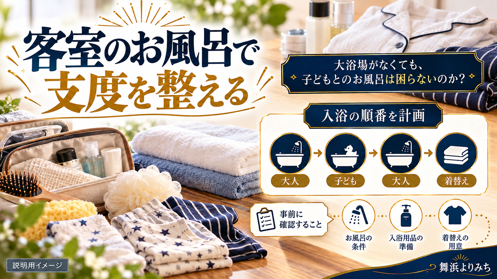 タオルや入浴用品、着替えと、家族の入浴順を計画する図