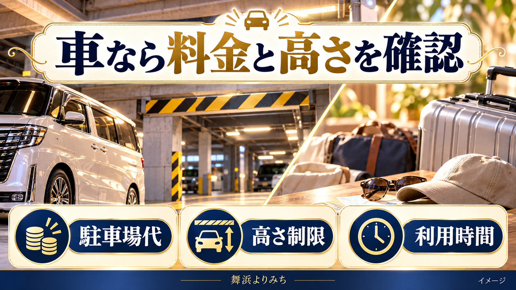 車なら料金と高さを確認について、駐車場代・高さ制限・利用時間を示す図解