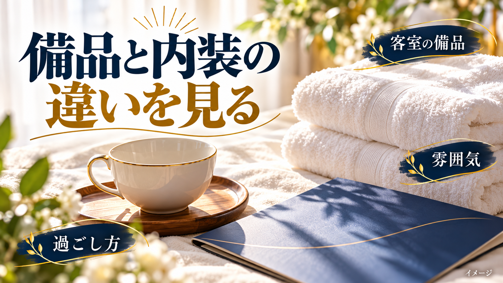 タオルやカップ、旅行資料を並べ、客室の備品と雰囲気、過ごし方を比べるイメージ。