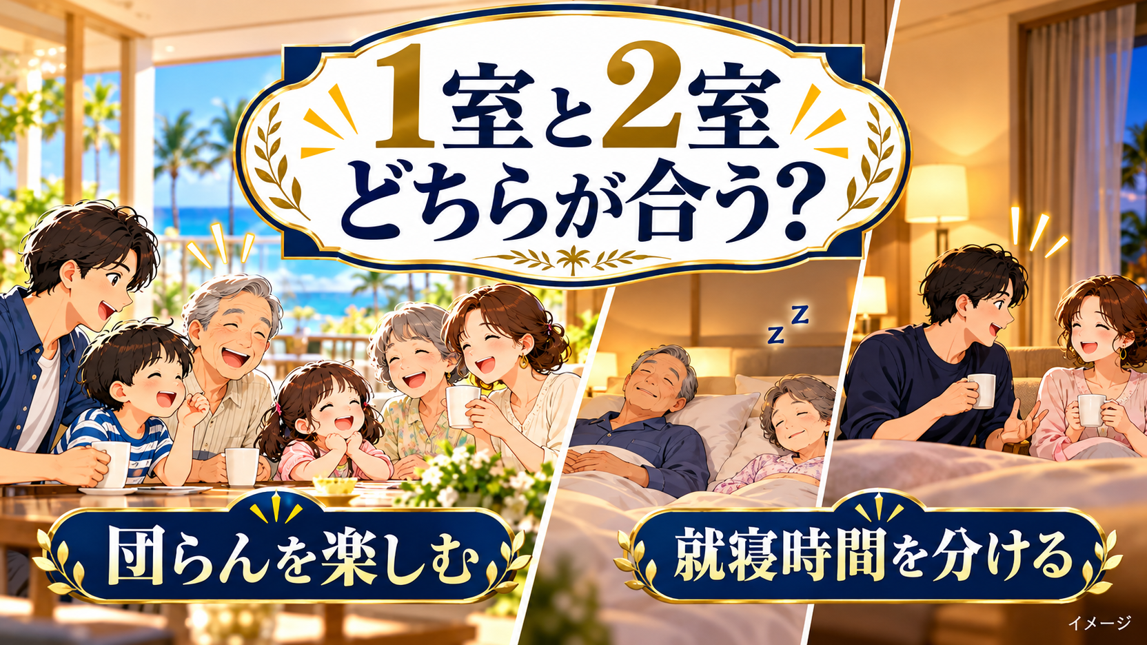1室で団らんする家族と、2室に分かれて休む祖父母と両親を比較したイメージ。