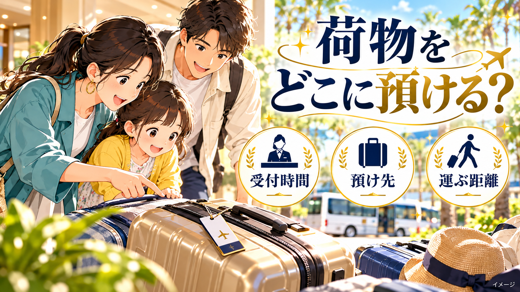 スーツケースを確認する家族と、荷物の受付時間、預け先、運ぶ距離の確認項目。