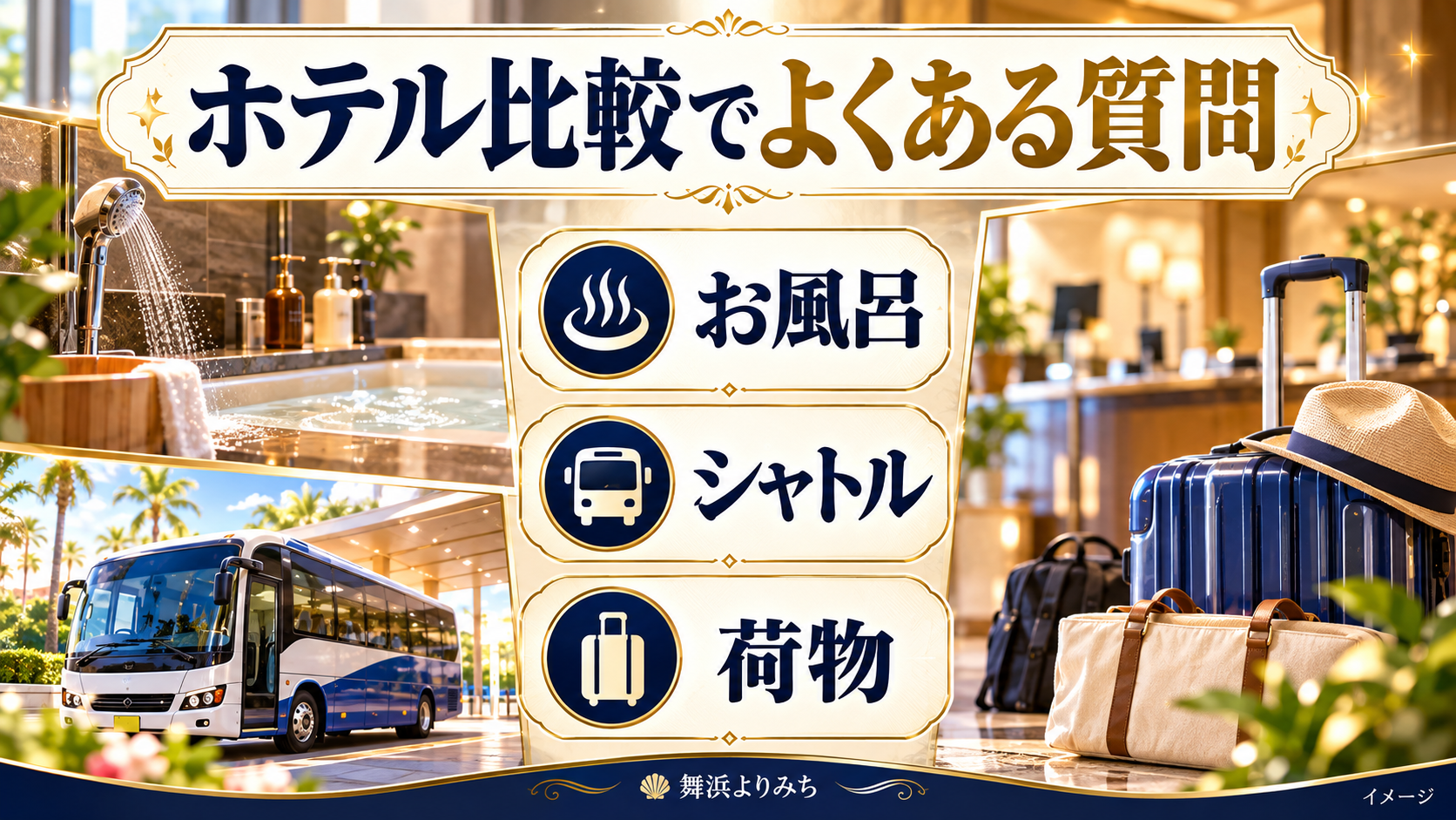 ホテル比較でよくある質問について、お風呂・シャトル・荷物を示す図解