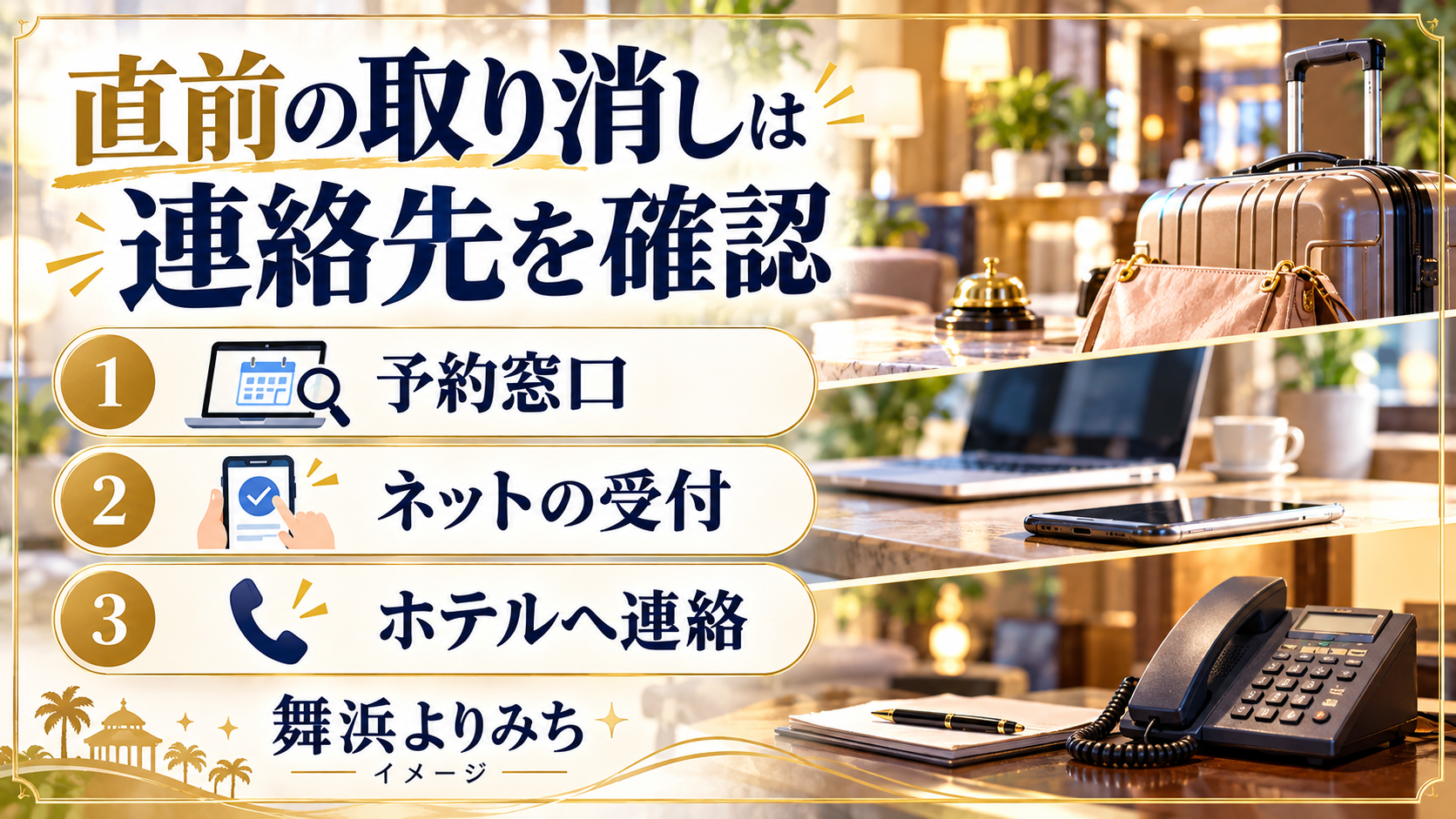 直前の取り消しは連絡先を確認について、予約窓口・ネットの受付・ホテルへ連絡を整理した図解
