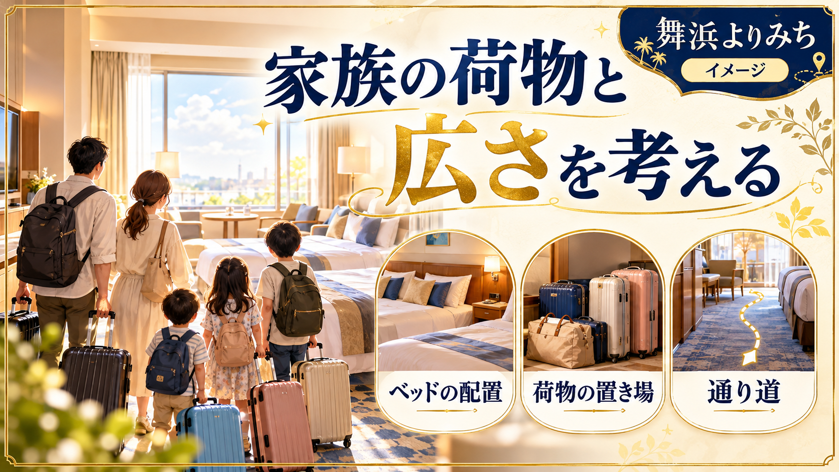 家族の荷物と広さを考えるについて、ベッドの配置・荷物の置き場・通り道を整理した図解