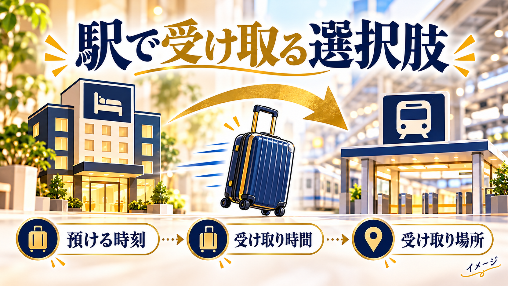 預ける時刻と駅での受け取り時間、場所を確認する概念図
