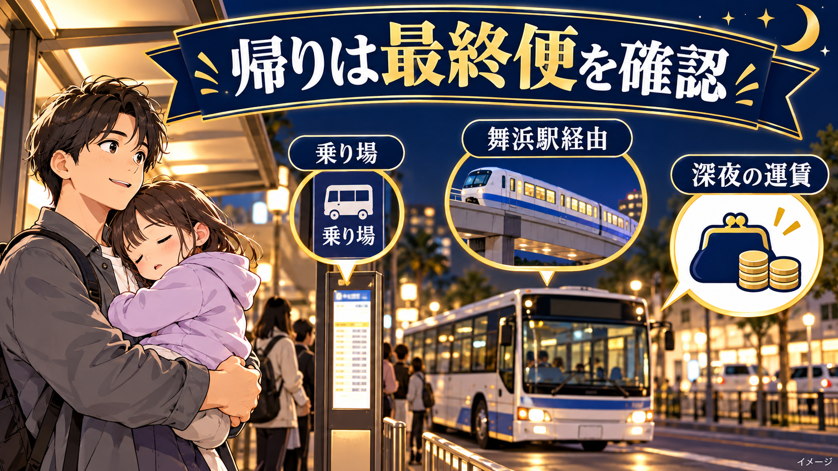 舞浜駅経由の乗り場と深夜運賃を確認する夜の親子