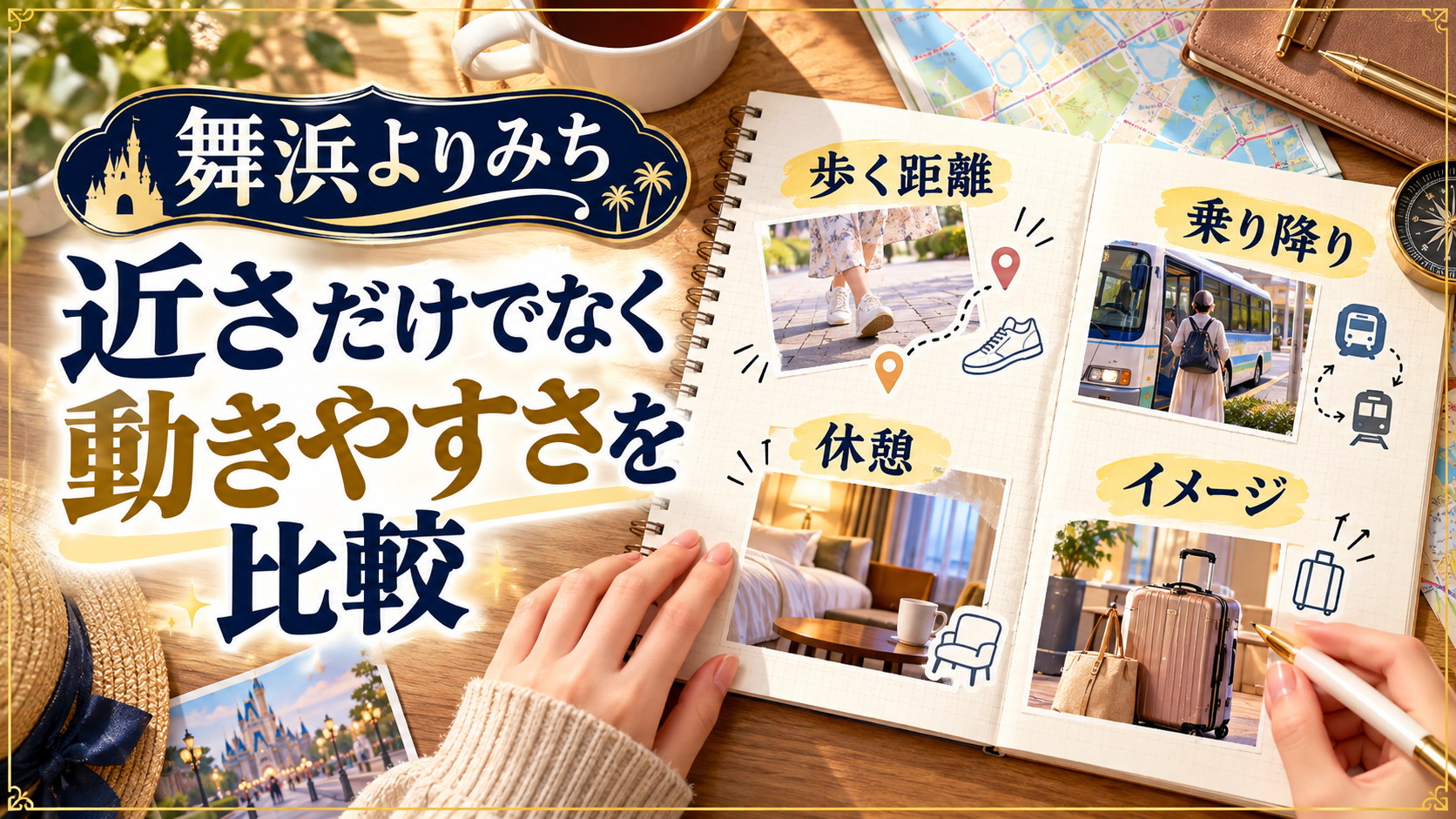 近さだけでなく動きやすさを比較について、歩く距離・乗り降り・休憩を整理した図解