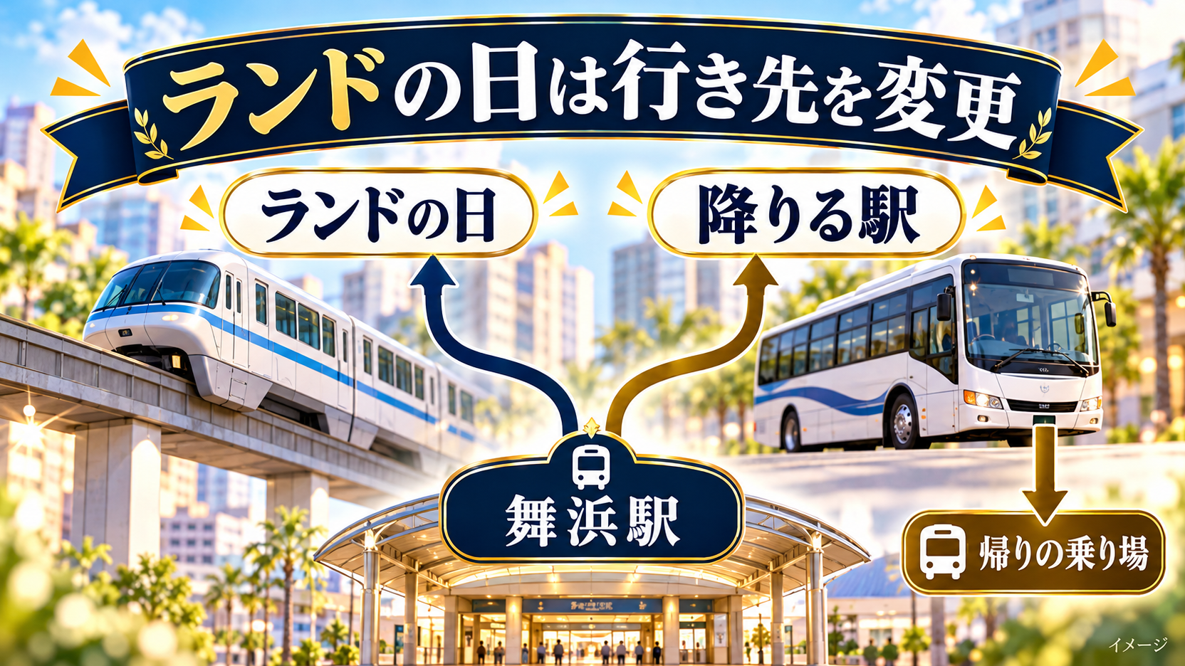 ランドへ行く日の舞浜駅と降りる駅、帰りの乗り場を確認する図