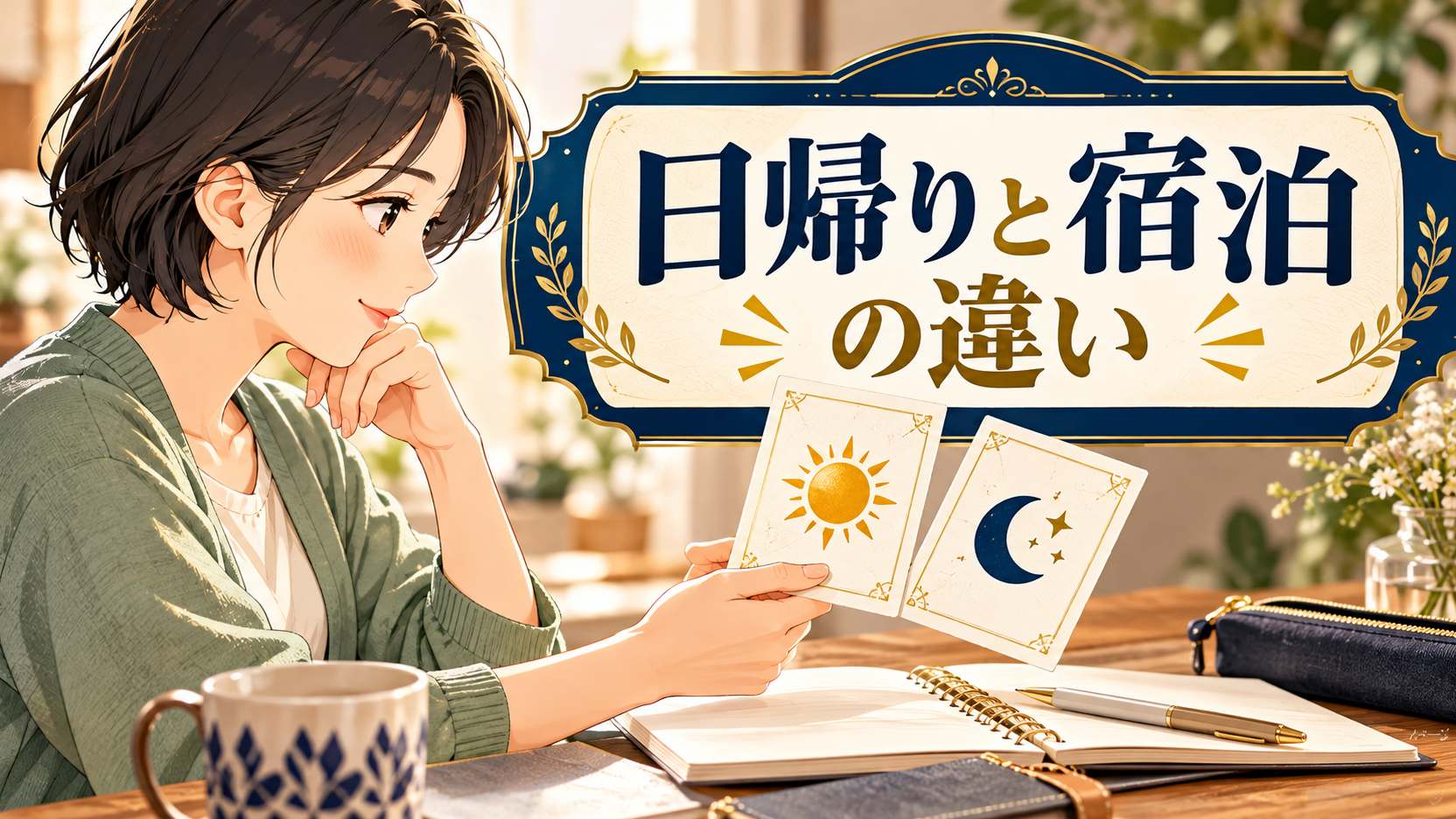 女性が太陽と月のカードを見比べ、日帰りと宿泊を検討するイメージ