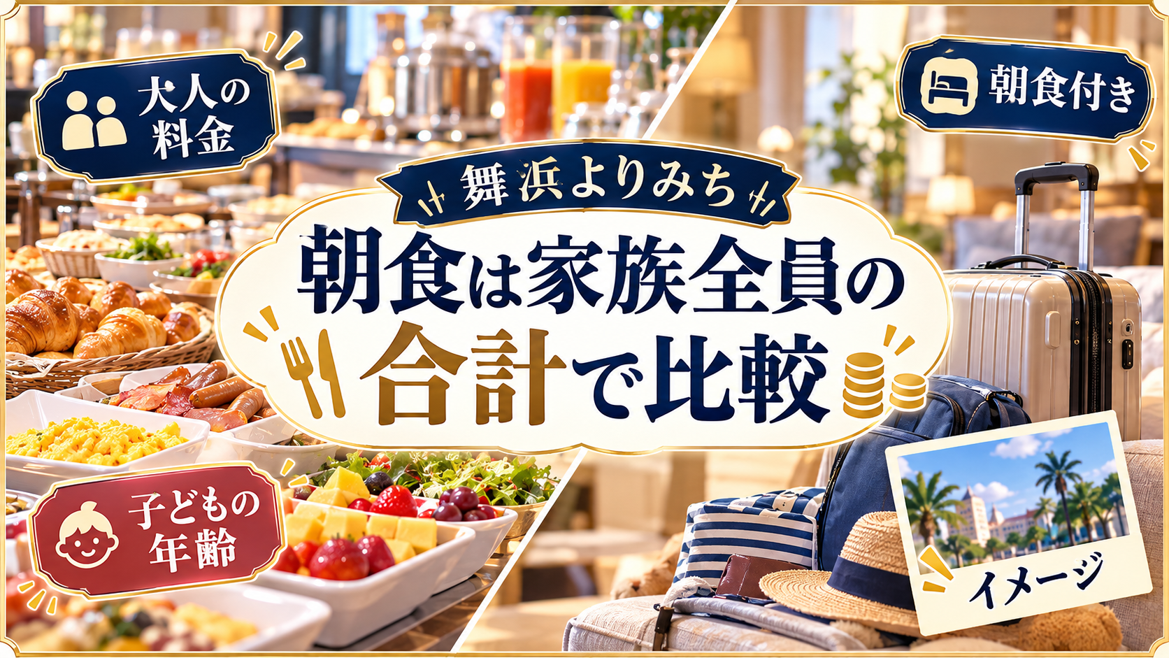 朝食は家族全員の合計で比較について、大人の料金・子どもの年齢・朝食付きを整理した図解