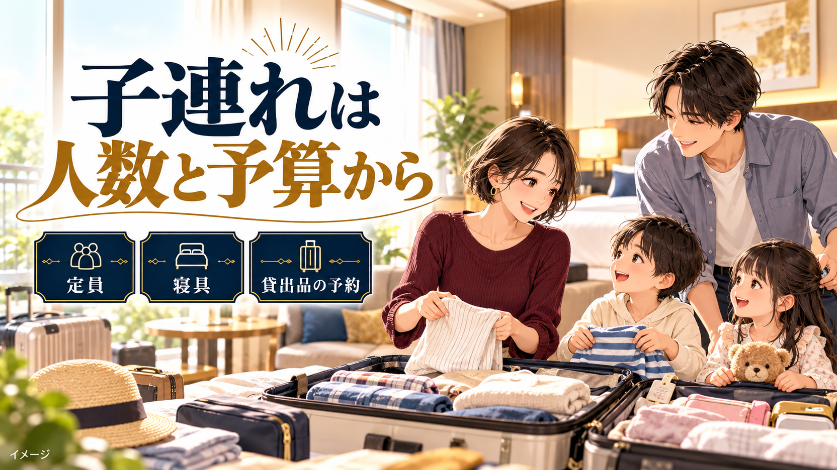 荷造りする家族と、定員、寝具、貸出品の予約を確認する項目。