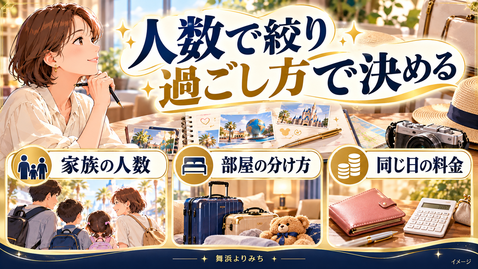 人数で絞り過ごし方で決めるについて、家族の人数・部屋の分け方・同じ日の料金を示す図解