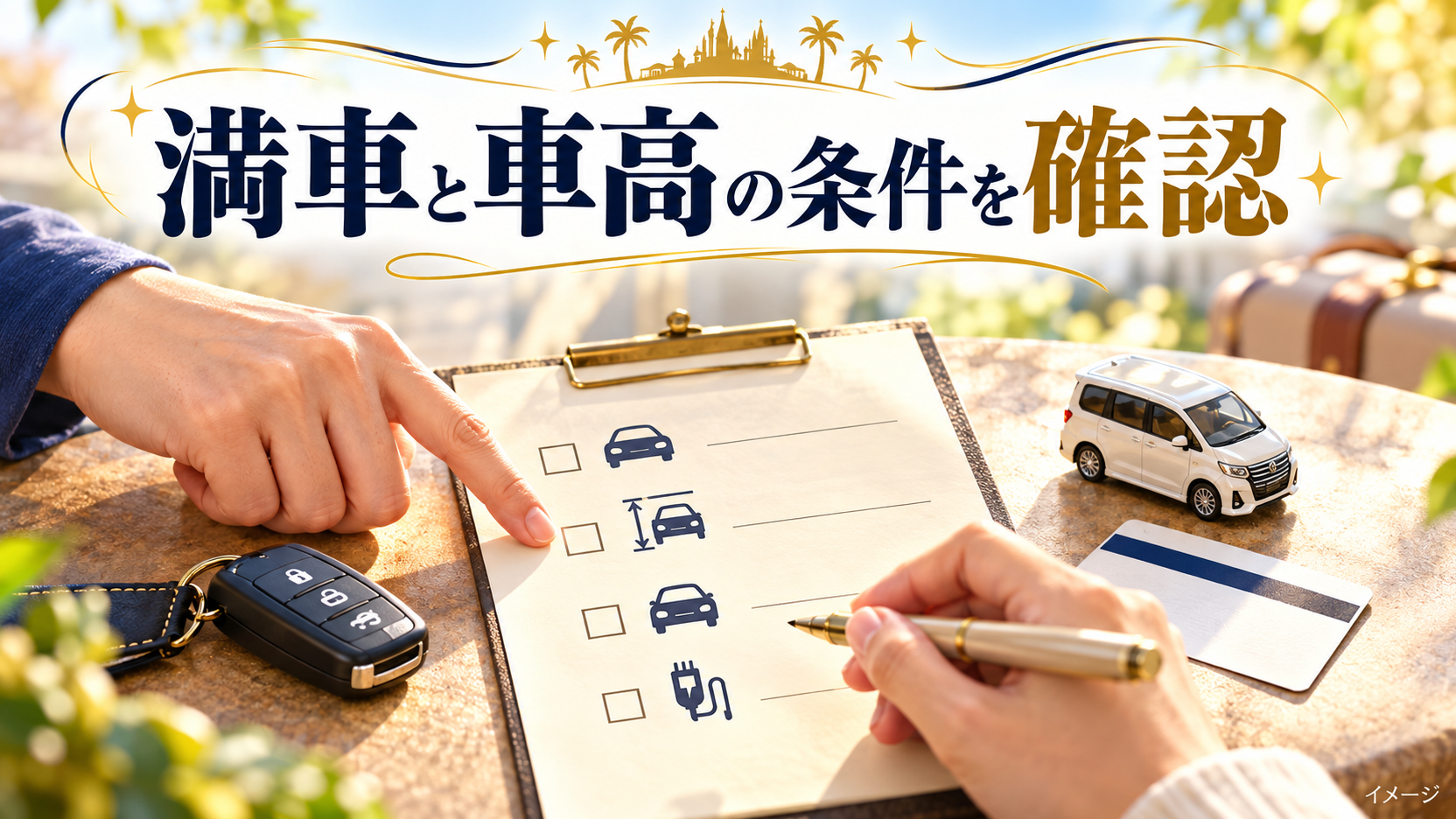 手元のチェックリストと車の鍵と駐車券で準備する内容を確認するイメージ