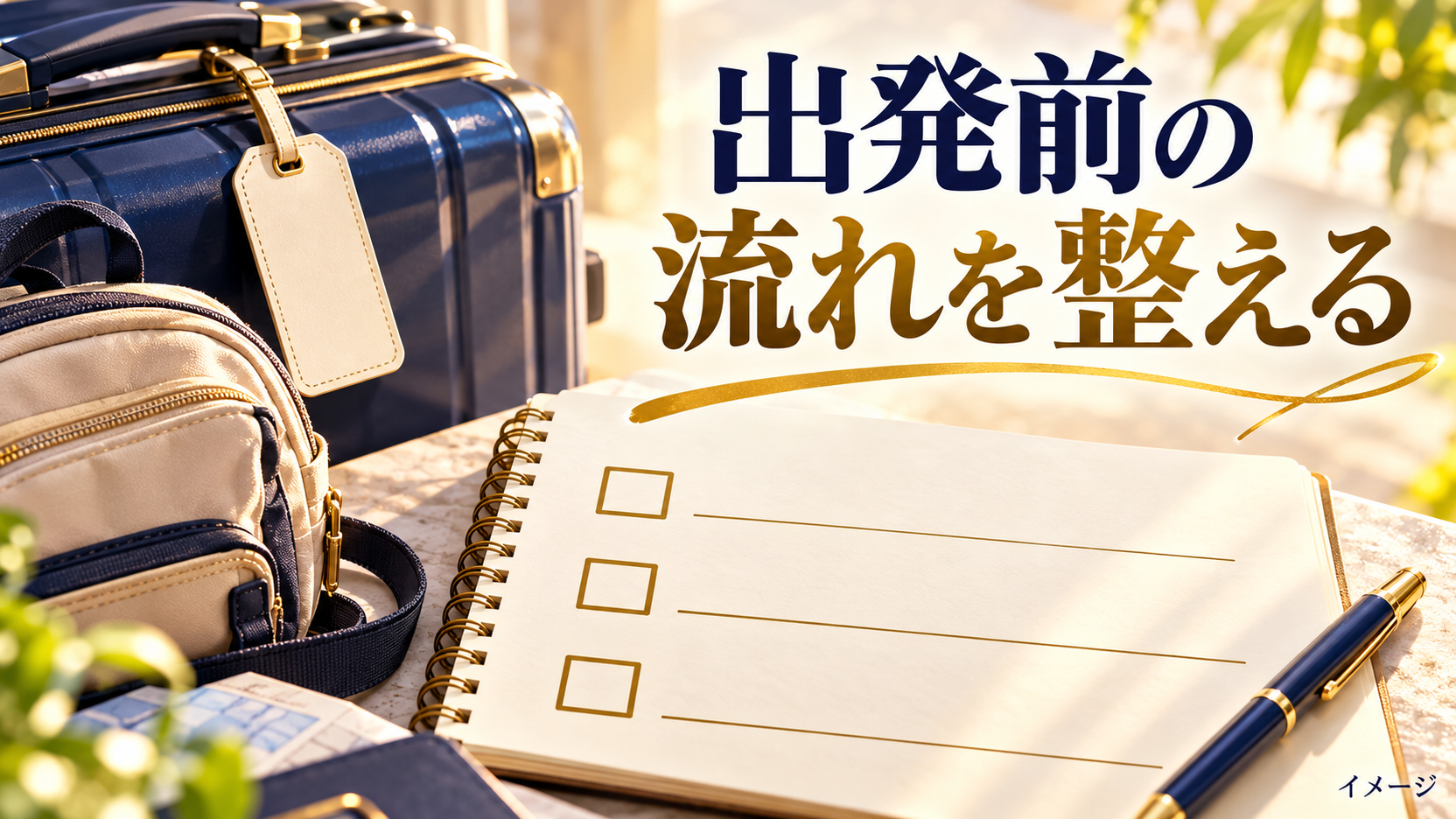 チェック欄のあるノートとスーツケースと荷物タグで事前の確認項目を整理するイメージ