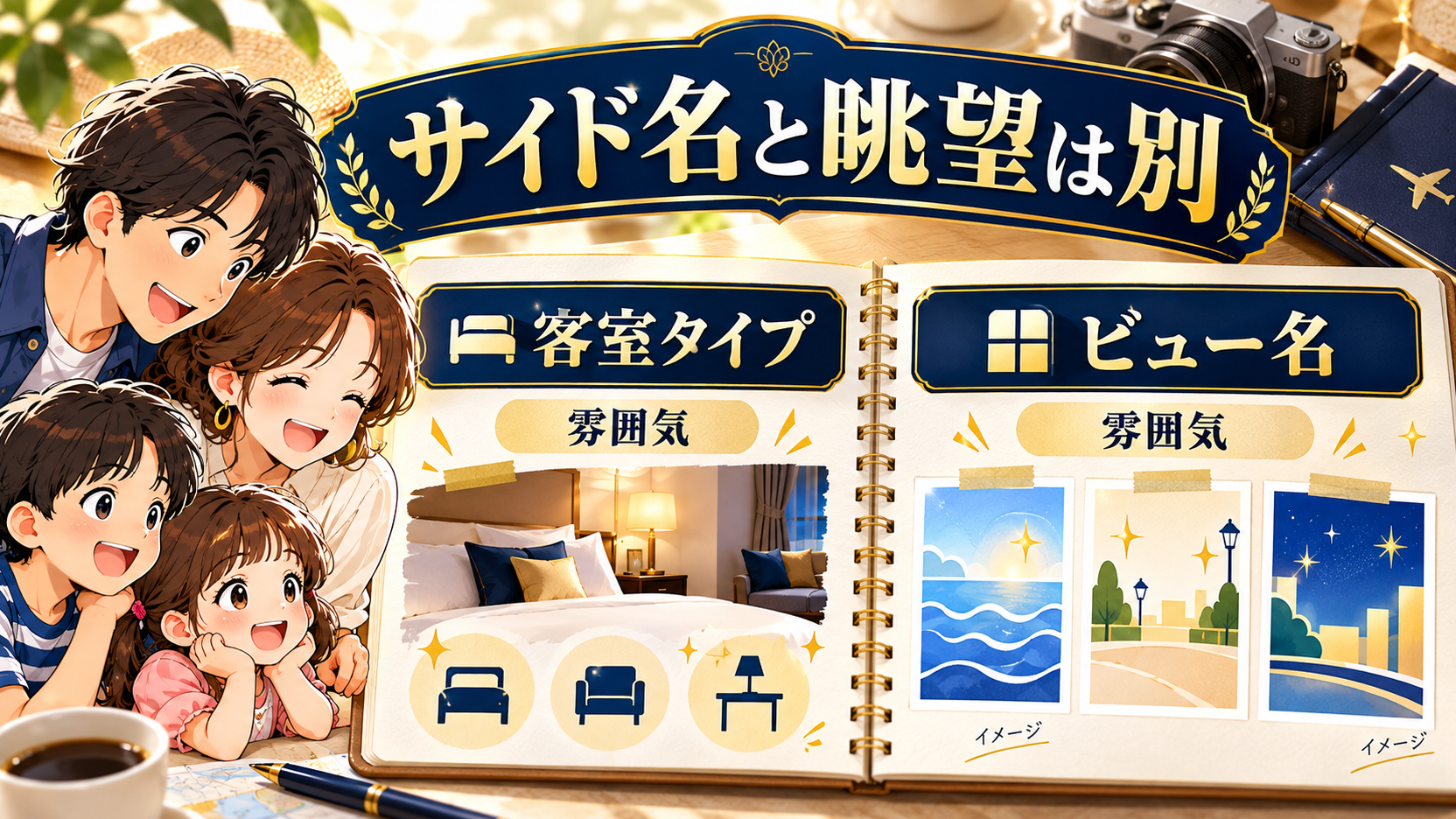 客室タイプとビュー名を分けて比較する旅行ノートのイメージ