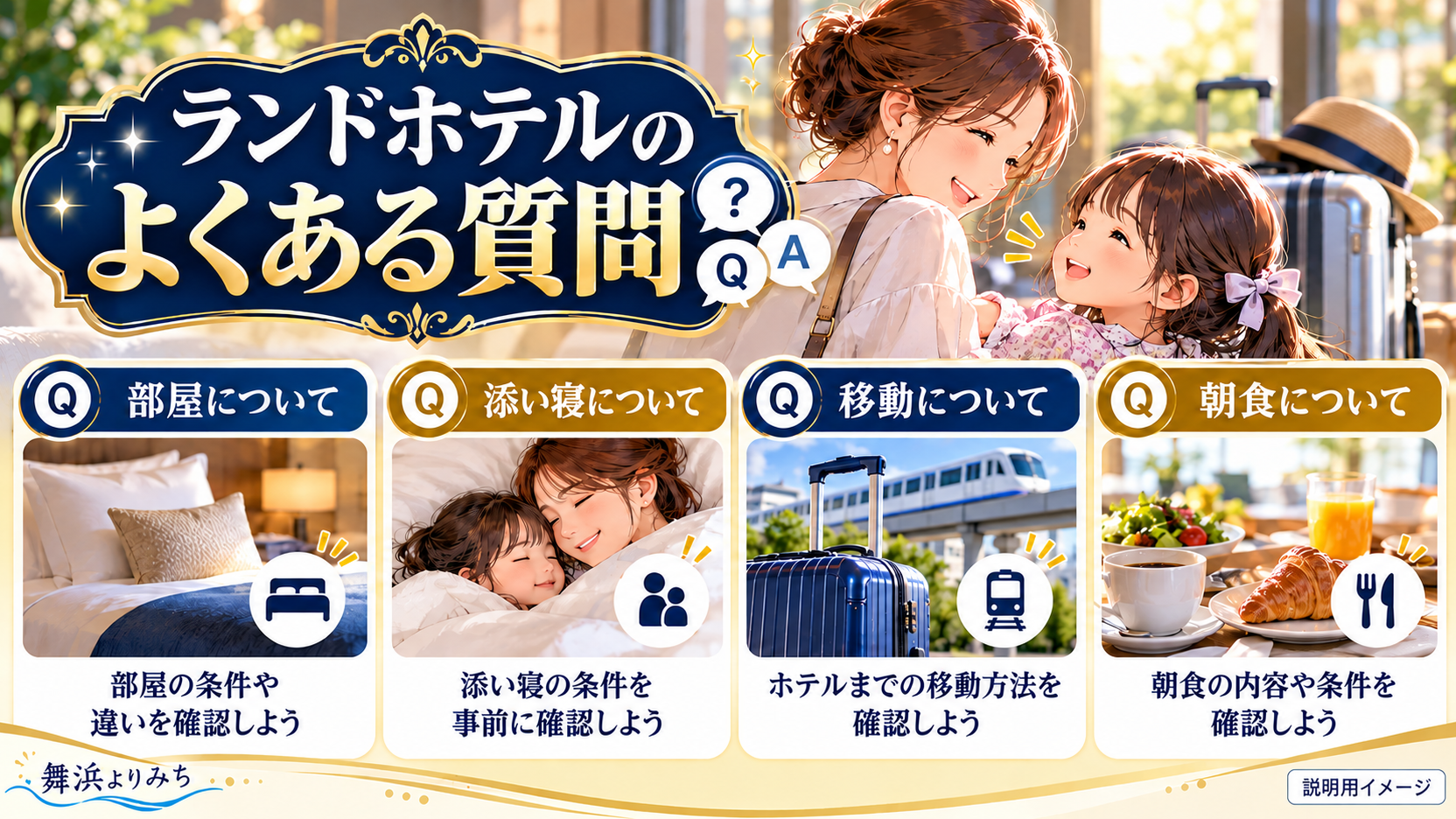 部屋、添い寝、移動、朝食について確認する母子と四つの質問カード