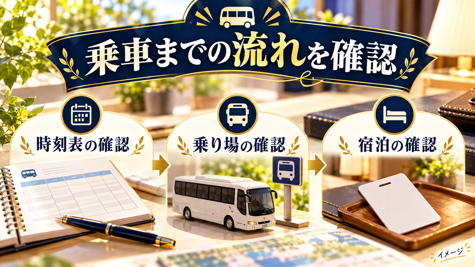 時刻表、乗り場、宿泊確認の順に乗車までの流れを示す図