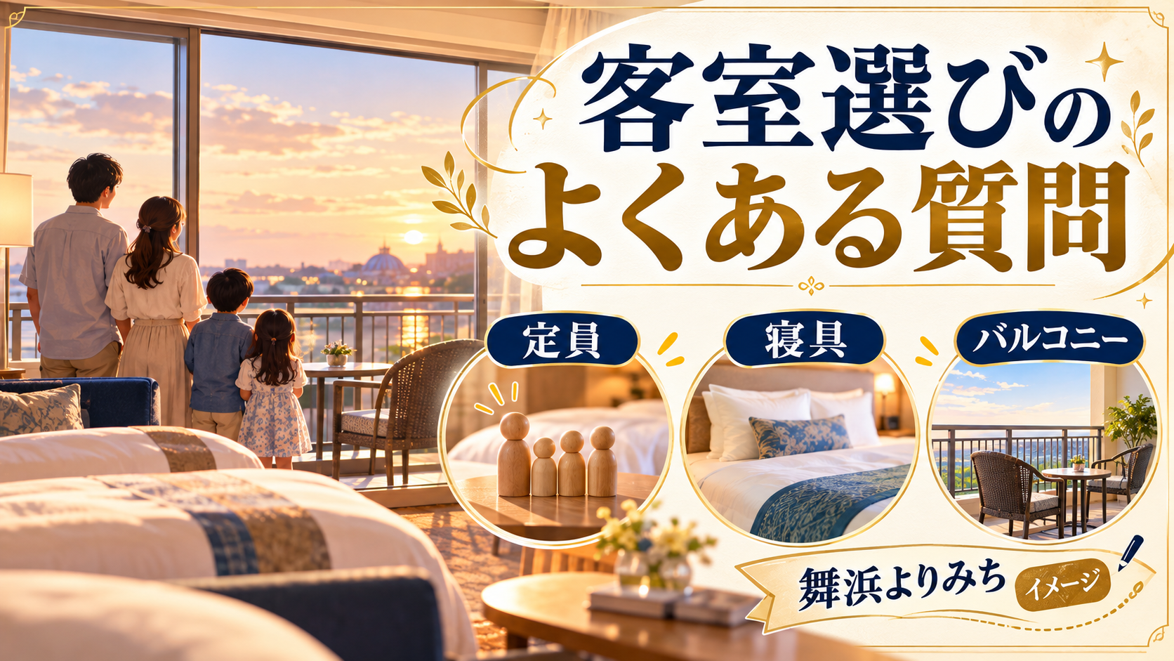 客室選びのよくある質問について、定員・寝具・バルコニーを整理した図解