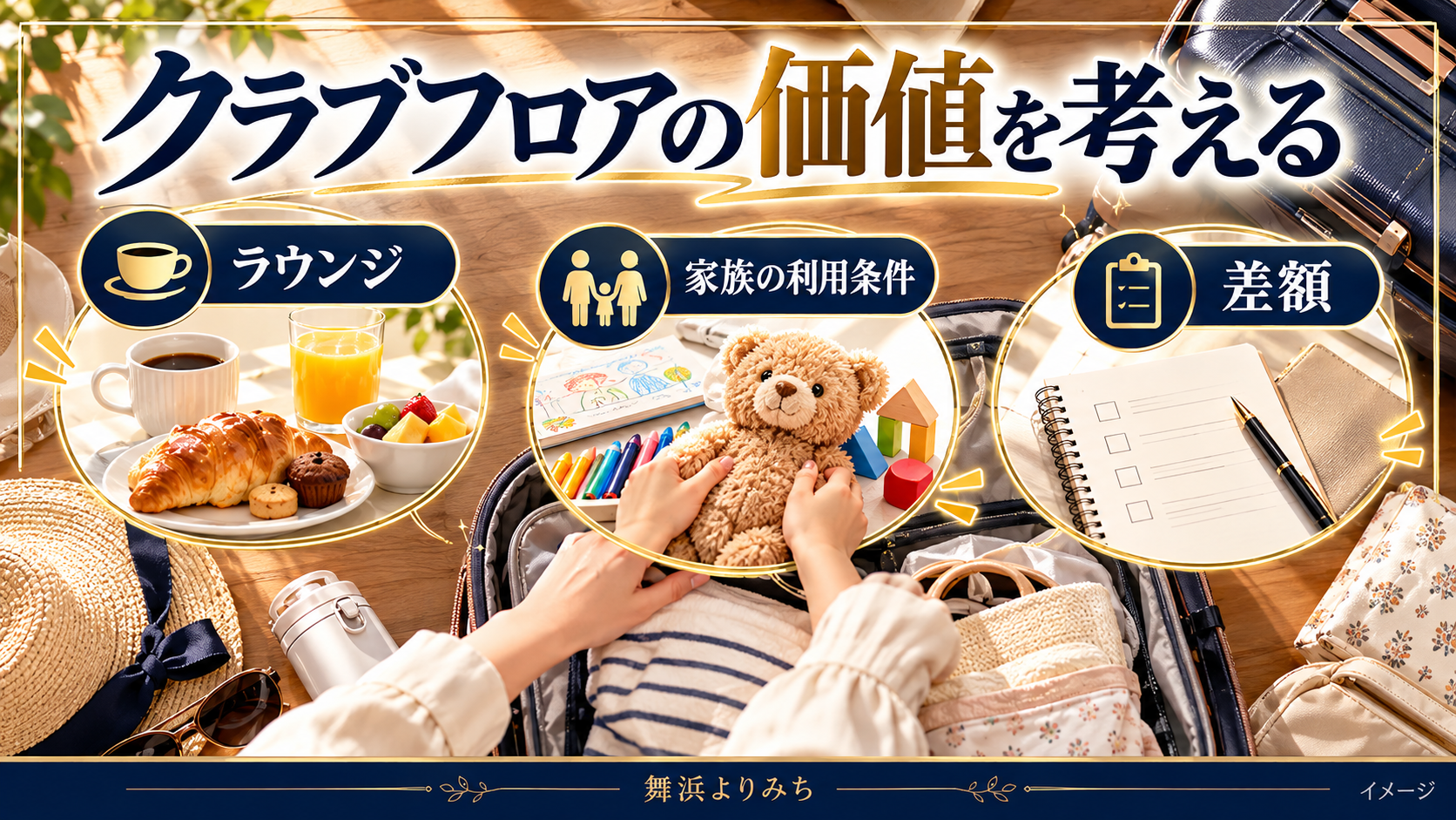 クラブフロアの価値を考えるについて、ラウンジ・家族の利用条件・差額を示す図解