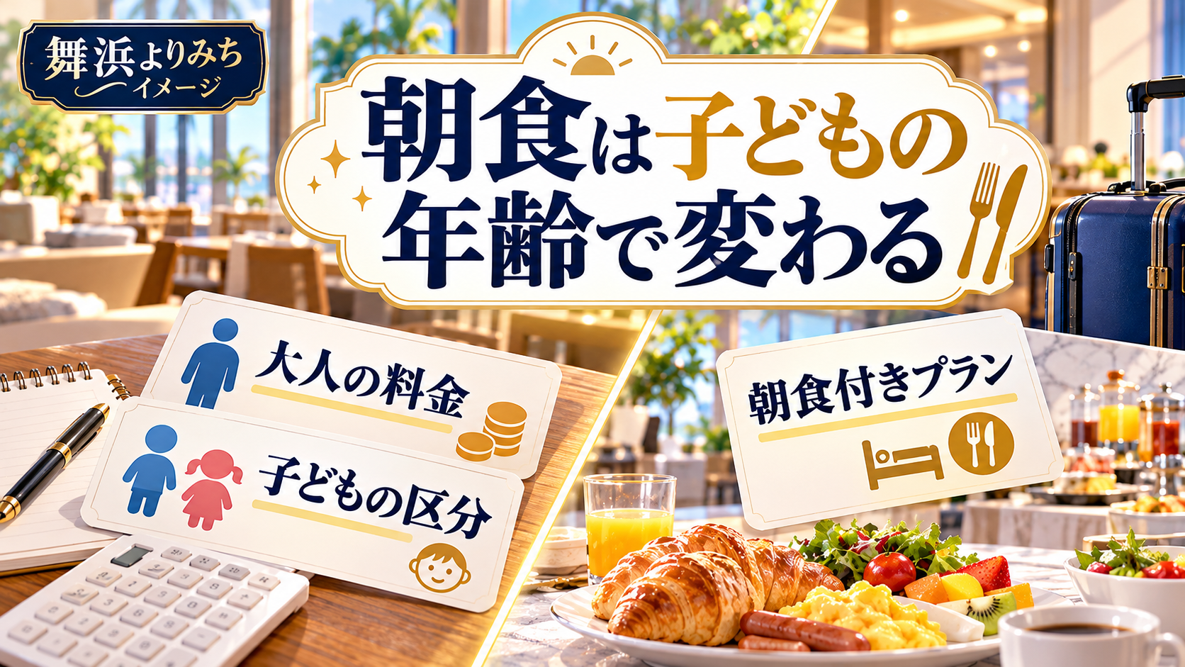 朝食は子どもの年齢で変わるについて、大人の料金・子どもの区分・朝食付きプランを整理した図解
