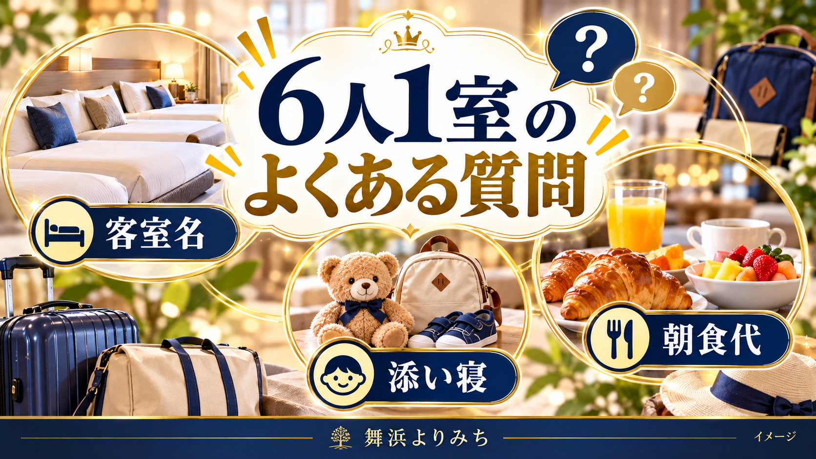 6人1室のよくある質問について、客室名・添い寝・朝食代を示す図解