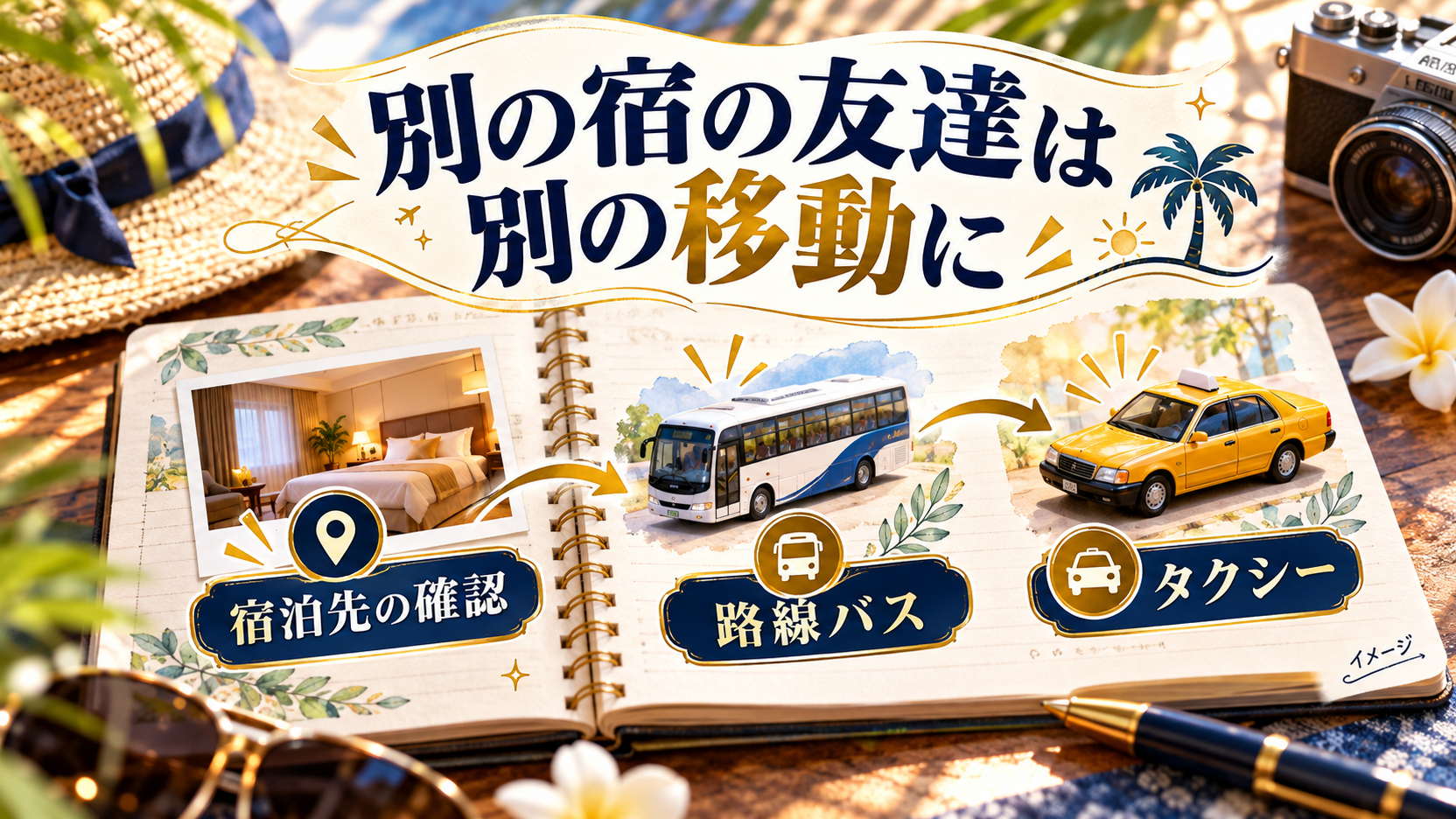 宿泊先を確認し、路線バスやタクシーを選ぶ比較図