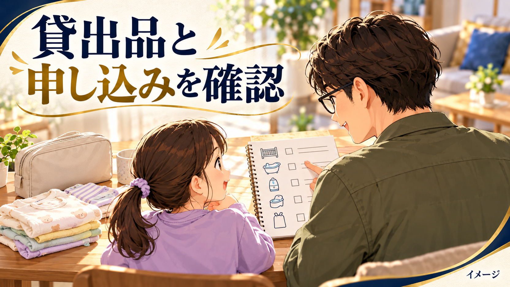 父親と子どもが赤ちゃんの衣類とおむつ用ポーチを使いながら予定を相談するイメージ