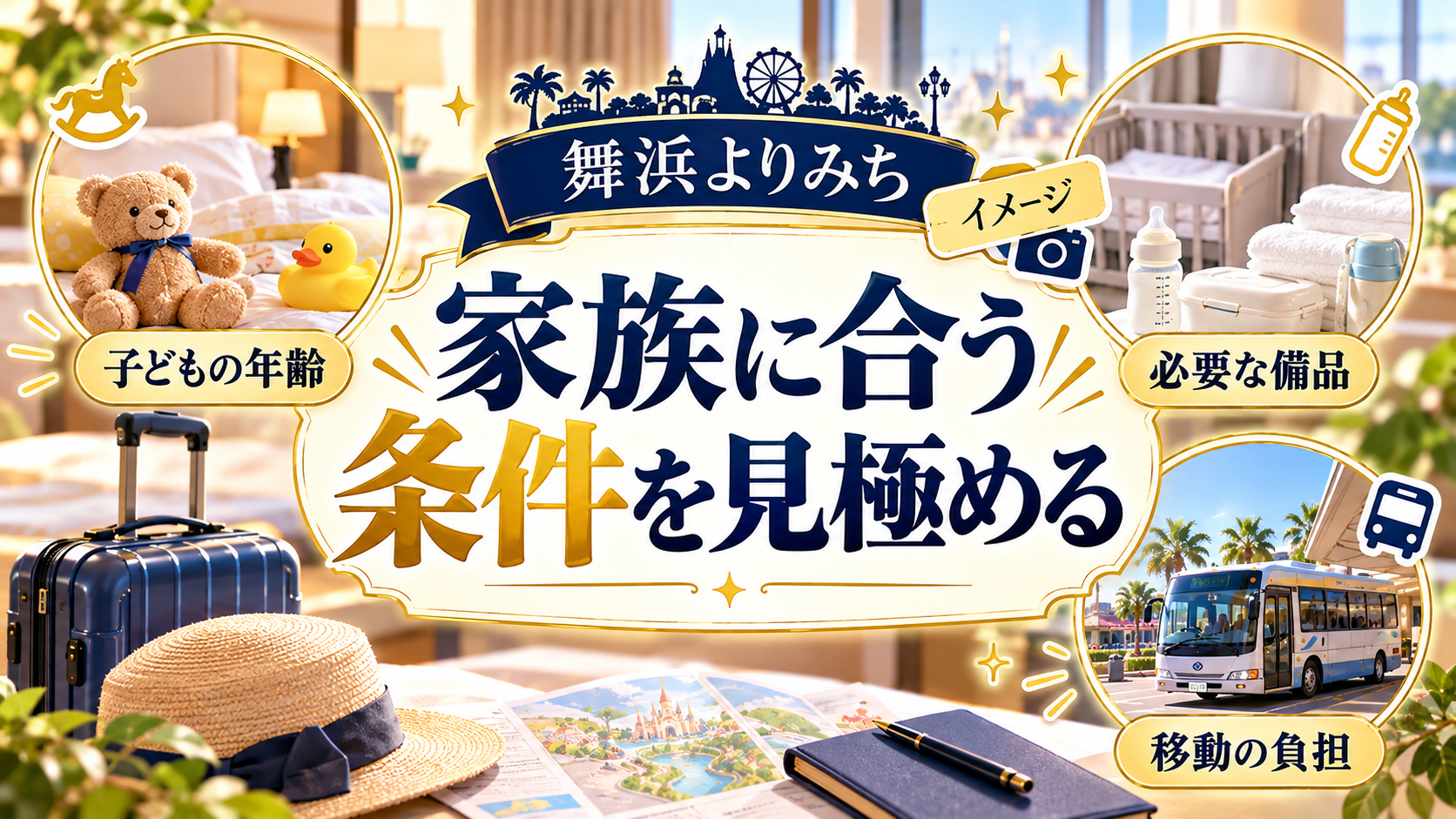 家族に合う条件を見極めるについて、子どもの年齢・必要な備品・移動の負担を整理した図解