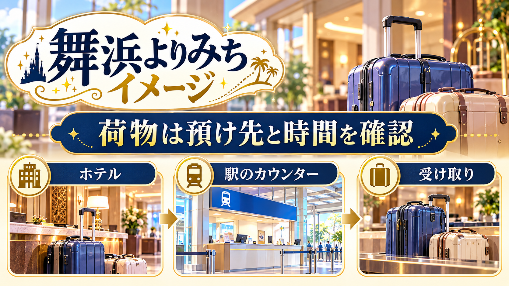 荷物は預け先と時間を確認について、ホテル・駅のカウンター・受け取りを整理した図解