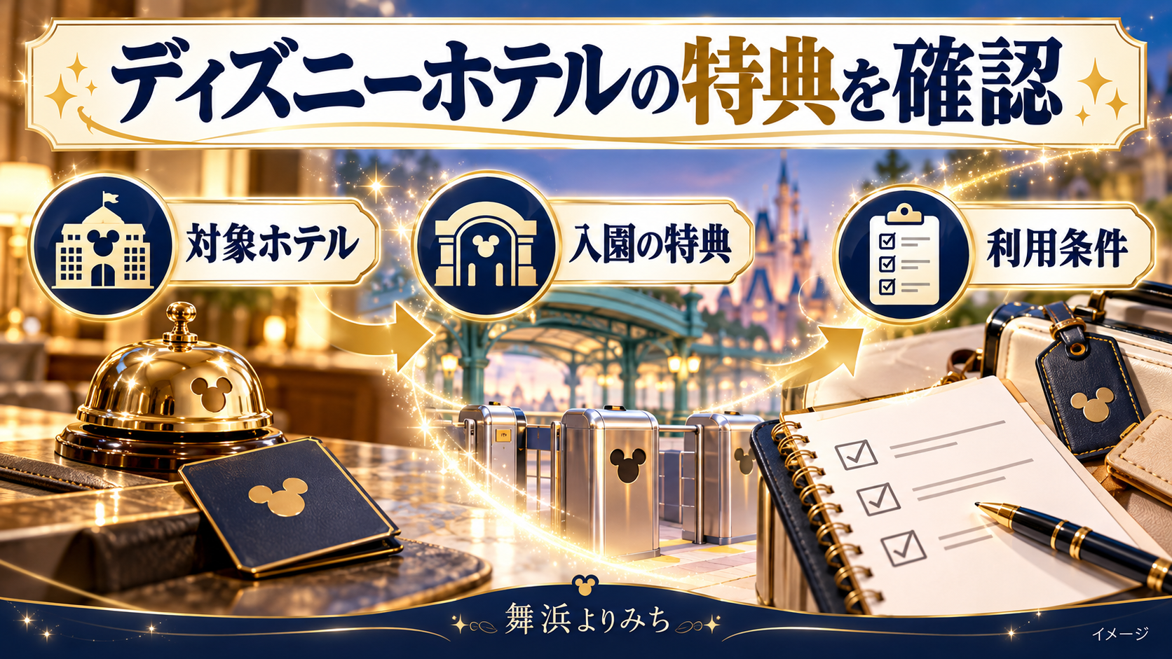 ディズニーホテルの特典を確認について、対象ホテル・入園の特典・利用条件を示す図解