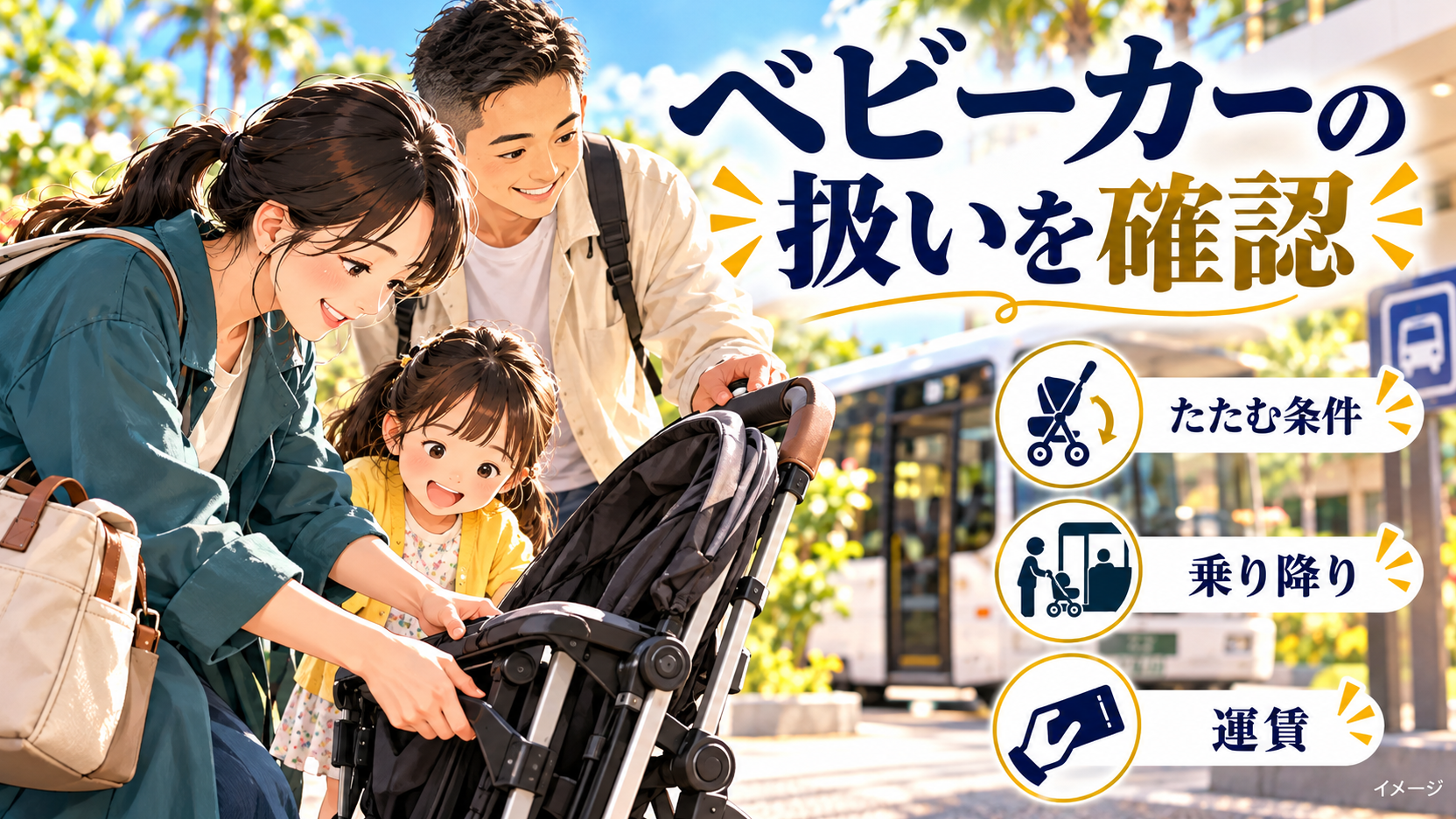 ベビーカーを扱う家族と、たたむ条件、乗り降り、運賃の確認項目。