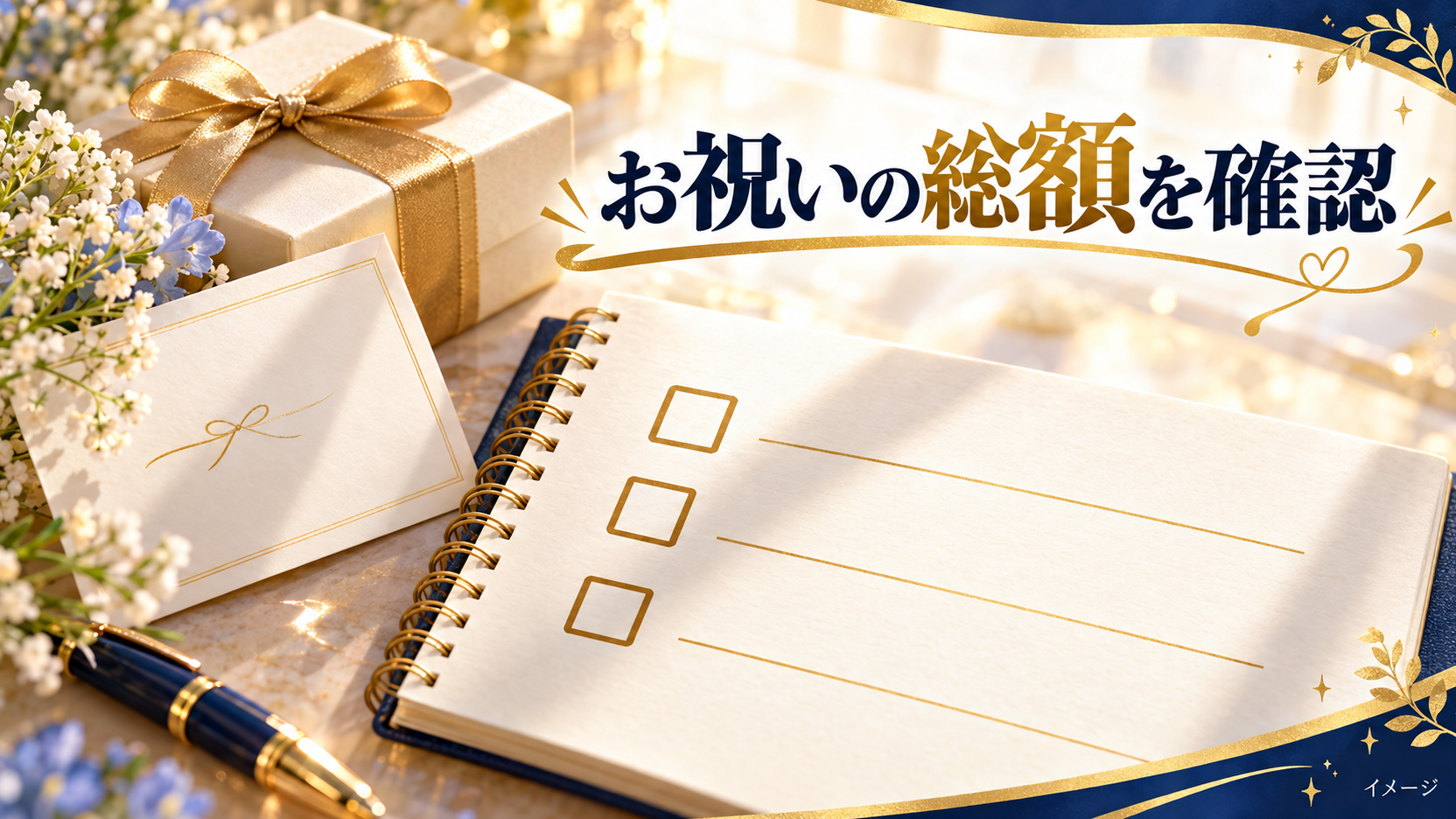 チェック欄のあるノートと花とお祝いカードで事前の確認項目を整理するイメージ