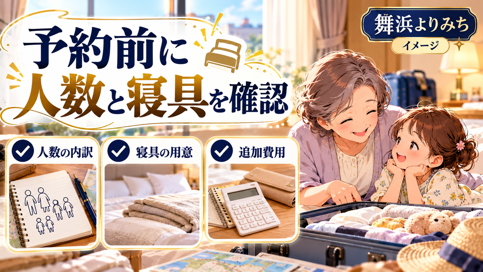 予約前に人数と寝具を確認について、人数の内訳・寝具の用意・追加費用を整理した図解